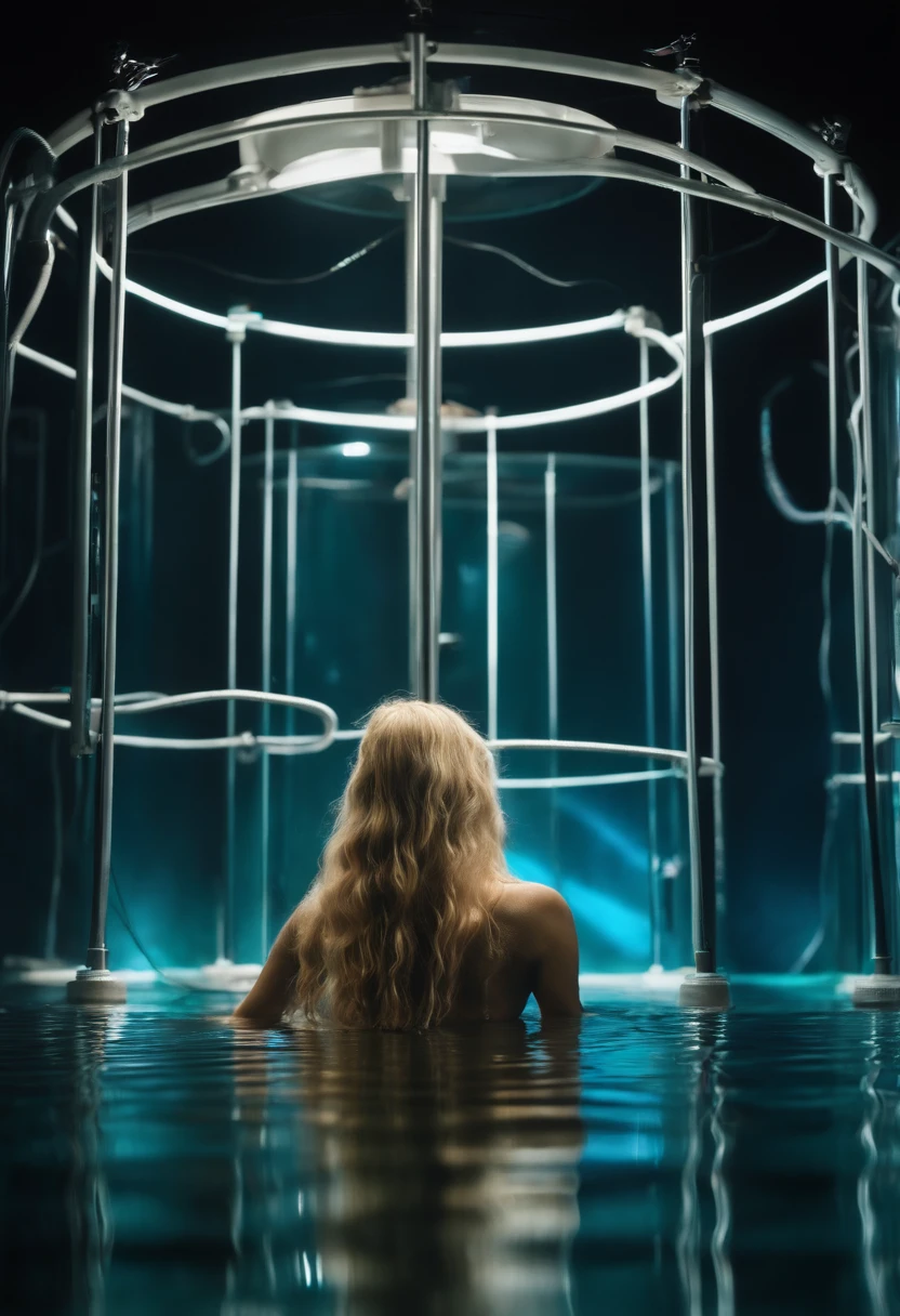 The photo of realistic nude human woman with long blond hair white skyn floating inside a cilindric water tank connected to electronic cables, her body illuminated by fluorescent lights.