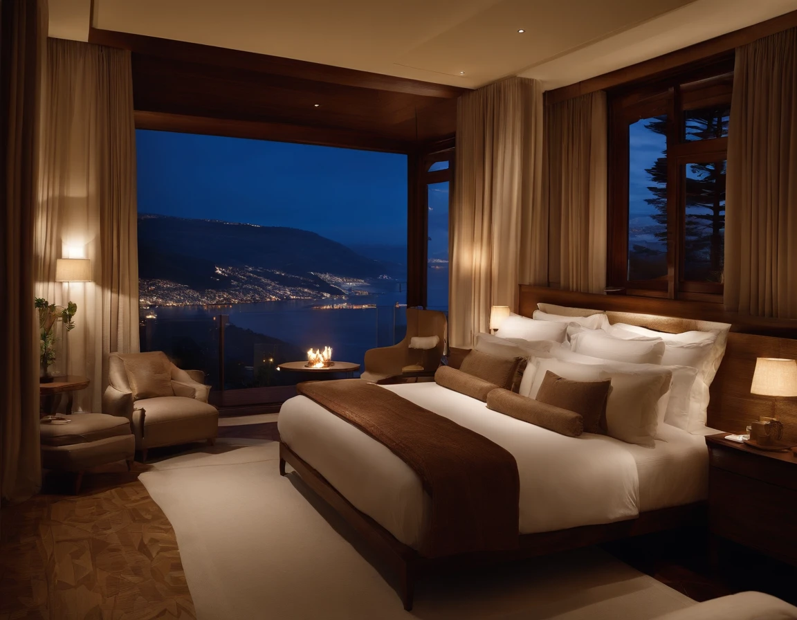 Crie uma cena de relaxamento em um quarto de hotel de madeira no inverno, com uma atmosfera luxuosa e aconchegante. Imagine um quarto aquecido por uma lareira, elegantemente decorado, with a king-size bed and a stunning view of the winter landscape with snow falling outside.  Let your creativity flow and capture the tranquility and comfort of this enchanting setting