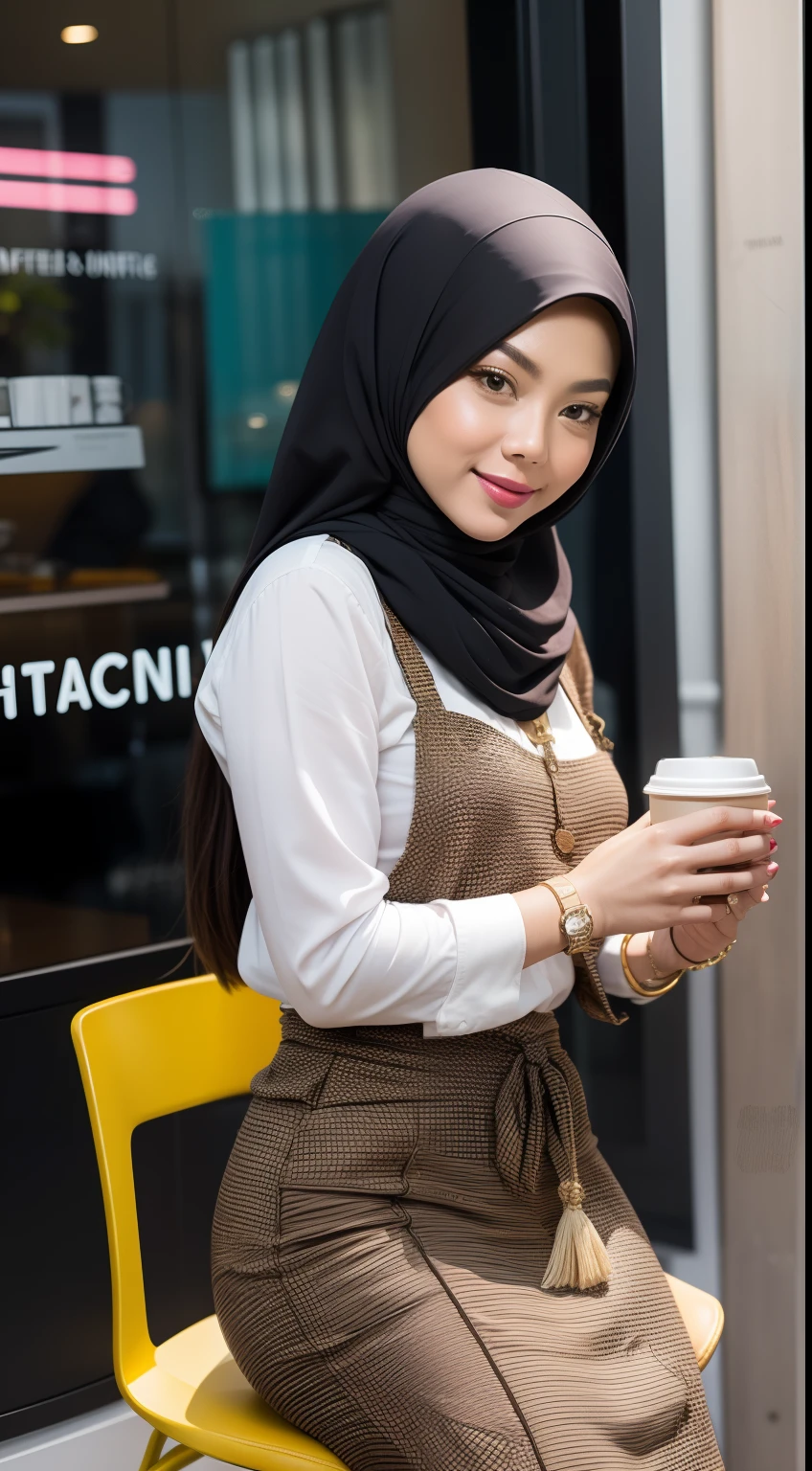 Design a stylish café scene with the Malay girl, dressed in a fashionable casual outfit, enjoying a cup of coffee at a trendy café, highlighting her petite frame and her outfit's attention to detail