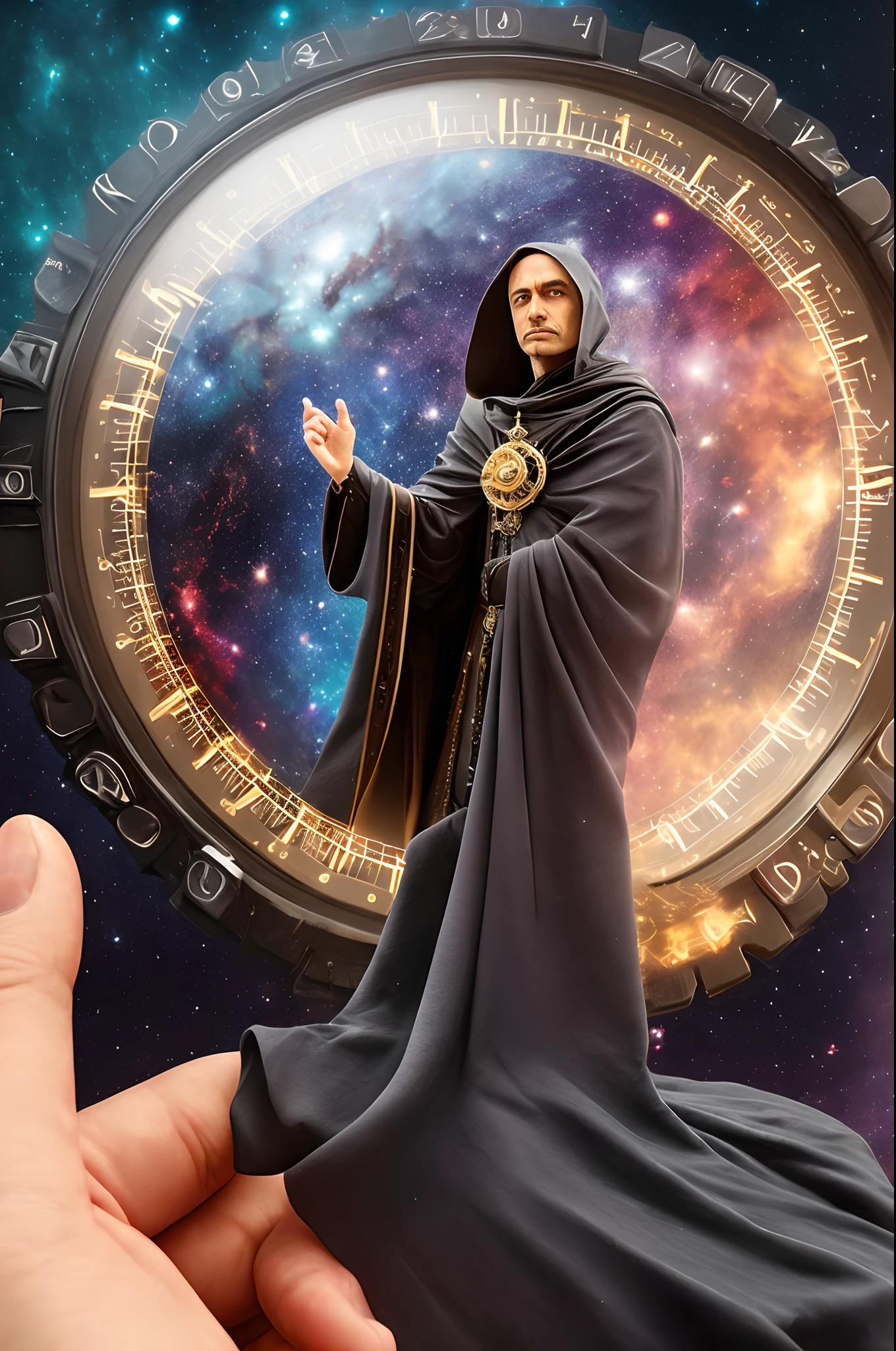 Claro, Here's a prompt you can use to generate an image of Refer
"Por favor, crie uma imagem que represente o 'Mestre do Tempo', an imposing, enigmatic figure clad in a dark cloak that seems to merge with the cosmos itself. The scenery must be cosmic, with stars and galaxies dancing around the Master of Time. he must be standing, Holding a celestial watchmaker in his outstretched hand, where every gear and pointer is a representation of time in all its forms. Seu olhar deve revelar a sabedoria que transcende as eras, and their presence must emanate a sense of absolute control over time and the universe.