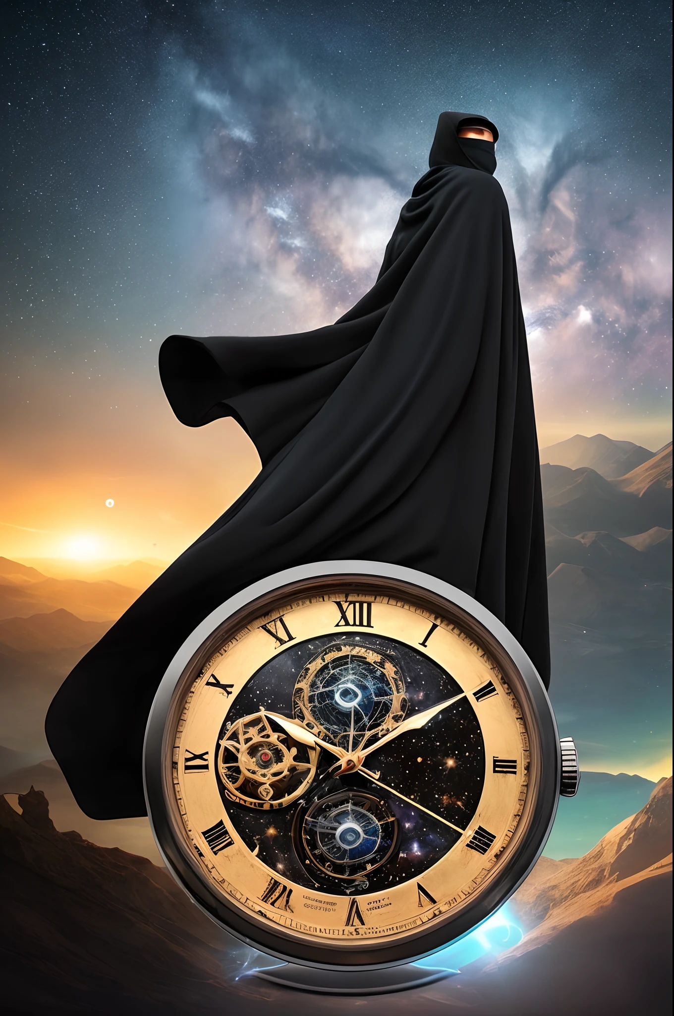 Claro, Here's a prompt you can use to generate an image of Refer

"Por favor, crie uma imagem que represente o 'Mestre do Tempo', an imposing, enigmatic figure clad in a dark cloak that seems to merge with the cosmos itself. The scenery must be cosmic, with stars and galaxies dancing around the Master of Time. he must be standing, Holding a celestial watchmaker in his outstretched hand, where every gear and pointer is a representation of time in all its forms. Seu olhar deve revelar a sabedoria que transcende as eras, and their presence must emanate a sense of absolute control over time and the universe.