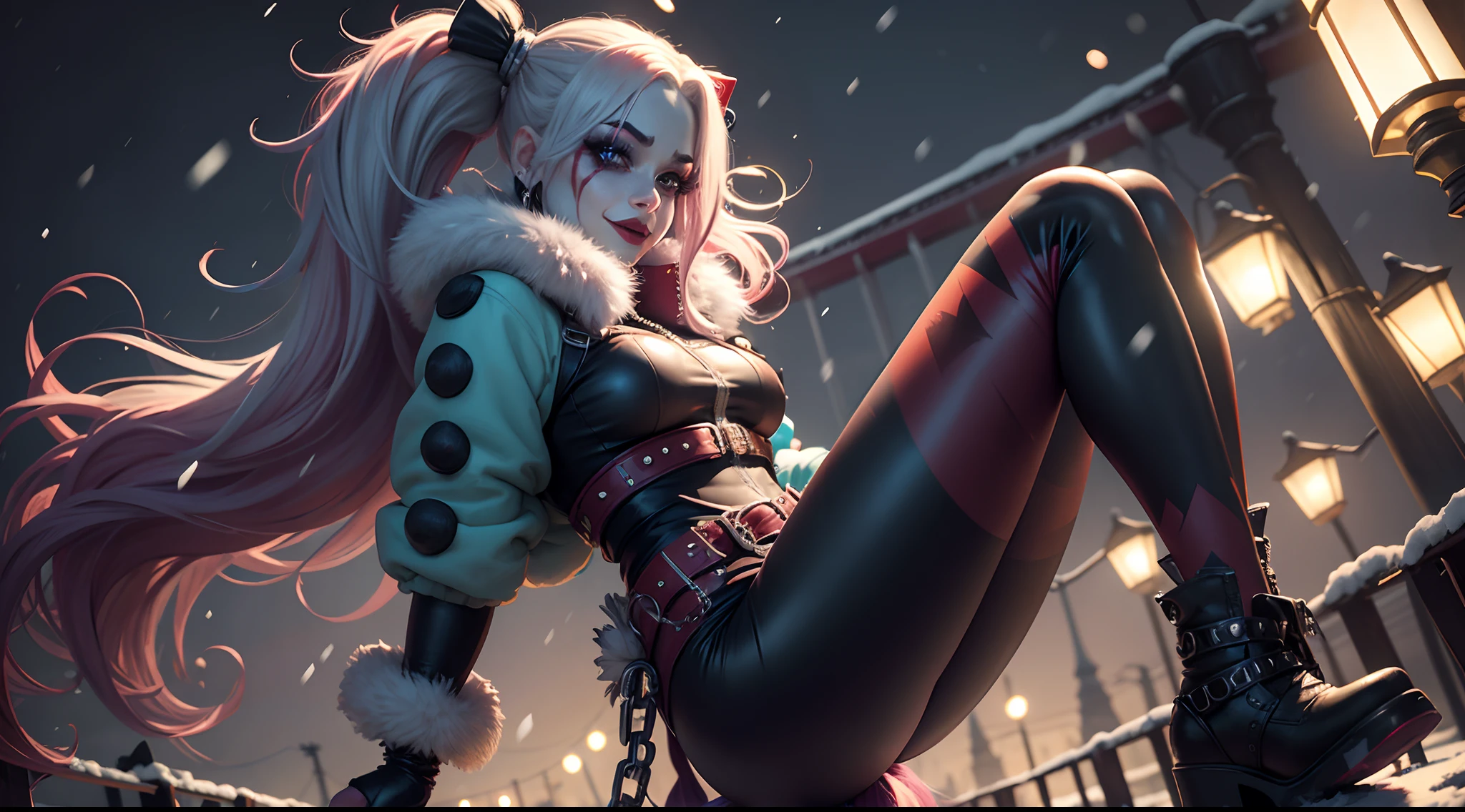 Villain Harley Quinn, long colored hair, Clown Makeover, cuteface, tight costume, fur jacket, Colored leggings, high boots, chain, Buckle Belt, walks across the night bridge, snowing, Lantern light, higly detailed, Realistic full-length photo