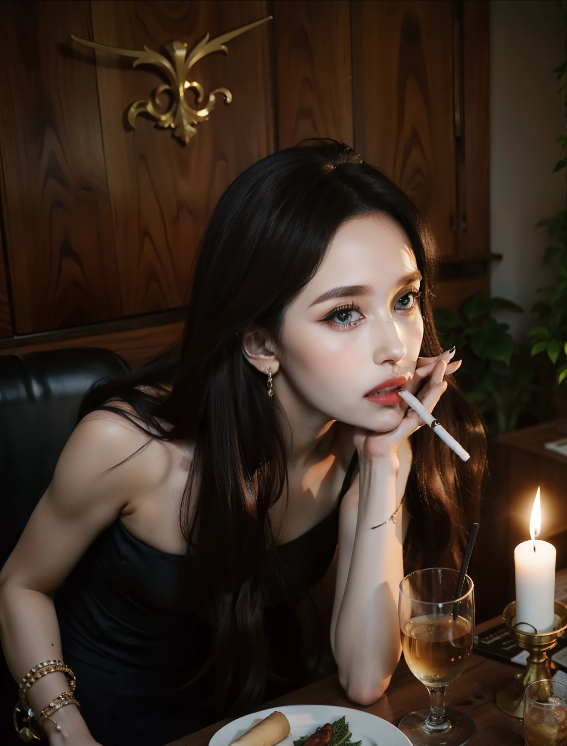 mulher sentada em uma mesa com uma vela e um prato de comida, com um canudo, beber e fumar, com charuto, 19-year-old girl, Modelo do Instagram, com uma bebida, cigarro, tabagismo, Dramatic smoking pose, 18 anos, Sensual, mulher fumante, modelo bonito, Estilo de Julia Razumova, Angelina Stroganova