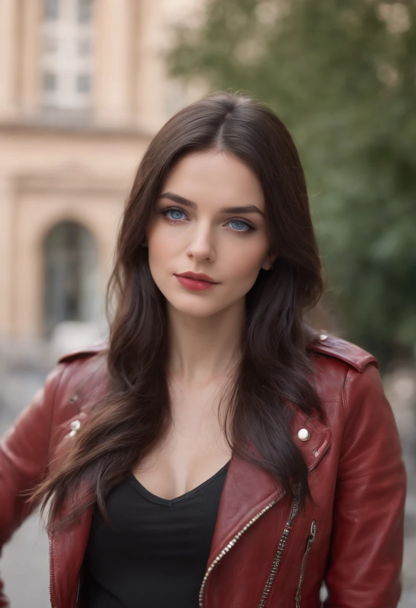 (8k, RAW photo, ultra high res, best quality, masterpiece:1.2), (realistic illustration), (realistic clothes, ultra realistic textile), (photorealistic, high quality, highres, night, natural beauty), sensual look, (real photo), (extremely detailed CG unity 8k wallpaper), absurdres, 21 young, german woman, serious look, tilting head, beautiful face, blue eyes, medium breasts, elegant long black hair, red leather jacket, black leather pants, berlin, GDR