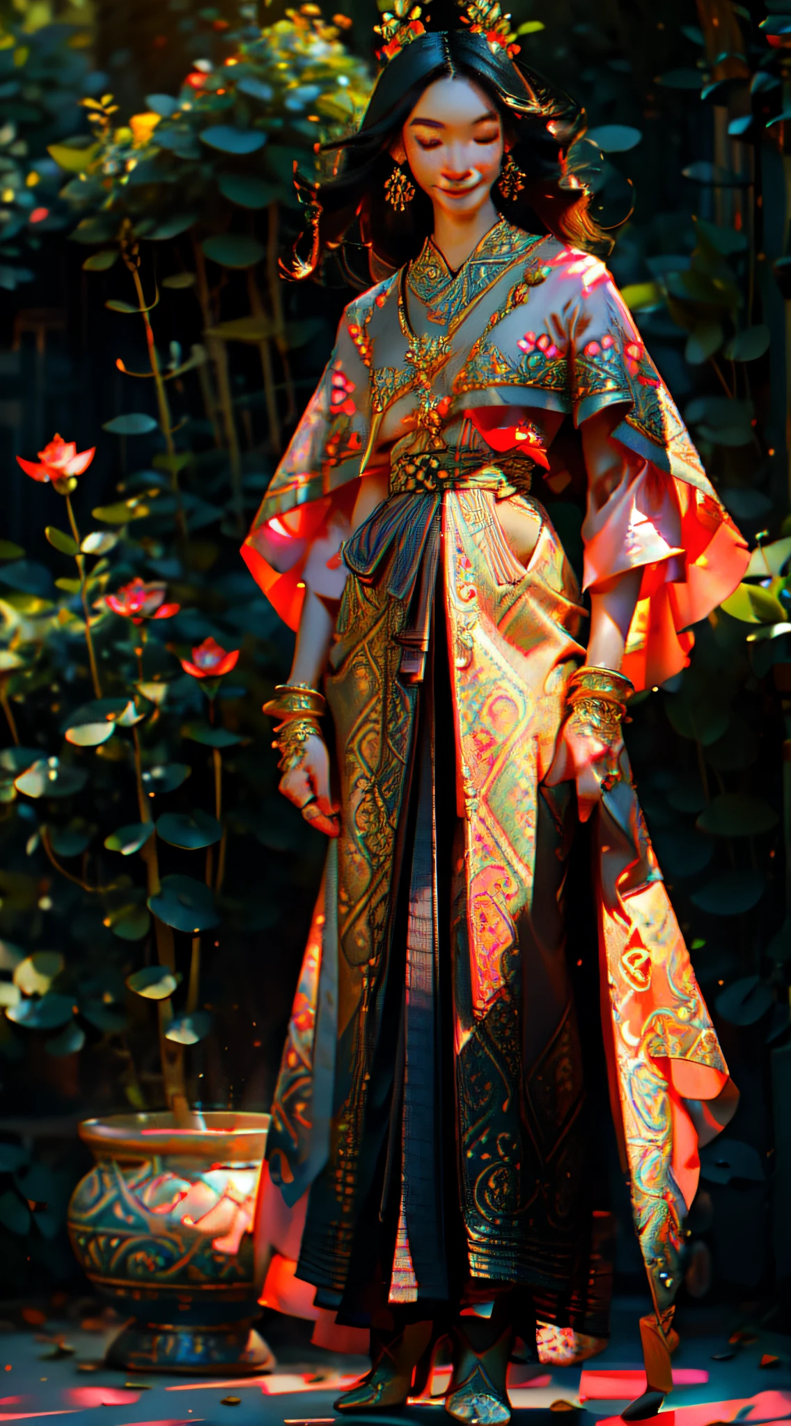 (bestquality:1.2), beautiful details, 1 girl, Traditional Thai dress, Full body, vibrant colours, studio light, beautiful detail eyes, Beautifully detailed lips, long eyelashes, Intricate patterns on costumes, Elegant and elegant gestures, Quiet garden background, Bright flowers, Soft Sunlight, attractive expression, Delicate hand gestures, Diverse cultural symbols, Realistic interpretation, Medium: oil painting