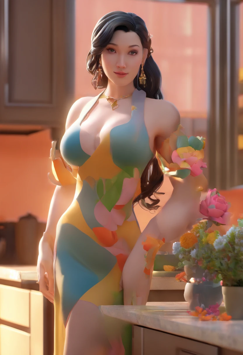 araffes with huge breasts posing in a kitchen with a vase of flowers, powerful and huge, oppai proportions, heavy detailed, thick body, exaggeratedly large physique, hyperrealistic full figure, thicc, chun li at the gym, massive muscles, photorealistic perfect body, large muscles, highly detailed full body, giantess art, giant stunning goddess shot