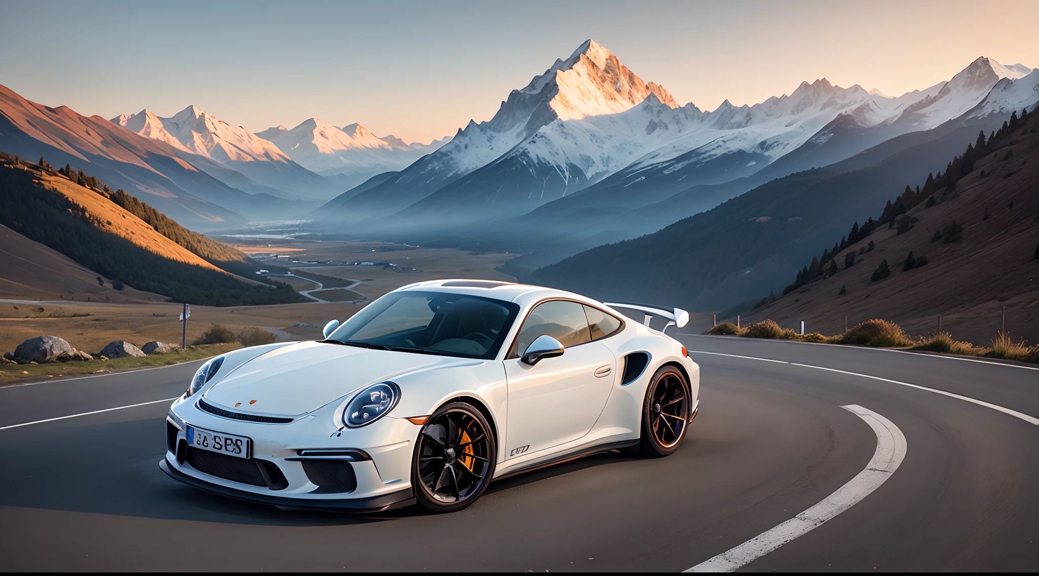 Imagem alta qualidade, With lots of details with beautiful mountain scenery with white Porsche 911 GT3 on the road at sunset