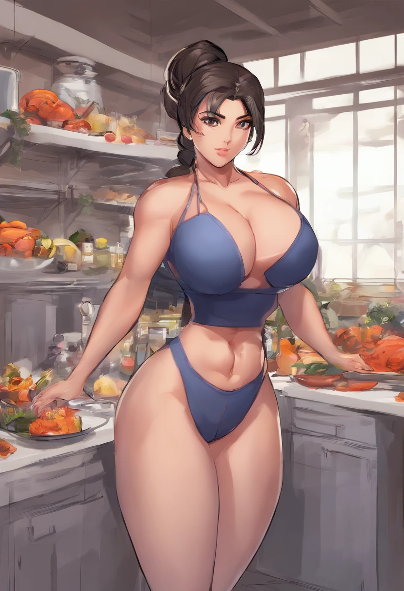 araffes with huge breasts posing in a kitchen with a vase of flowers, powerful and huge, oppai proportions, heavy detailed, thick body, exaggeratedly large physique, hyperrealistic full figure, thicc, chun li at the gym, massive muscles, photorealistic perfect body, large muscles, highly detailed full body, giantess art, giant stunning goddess shot