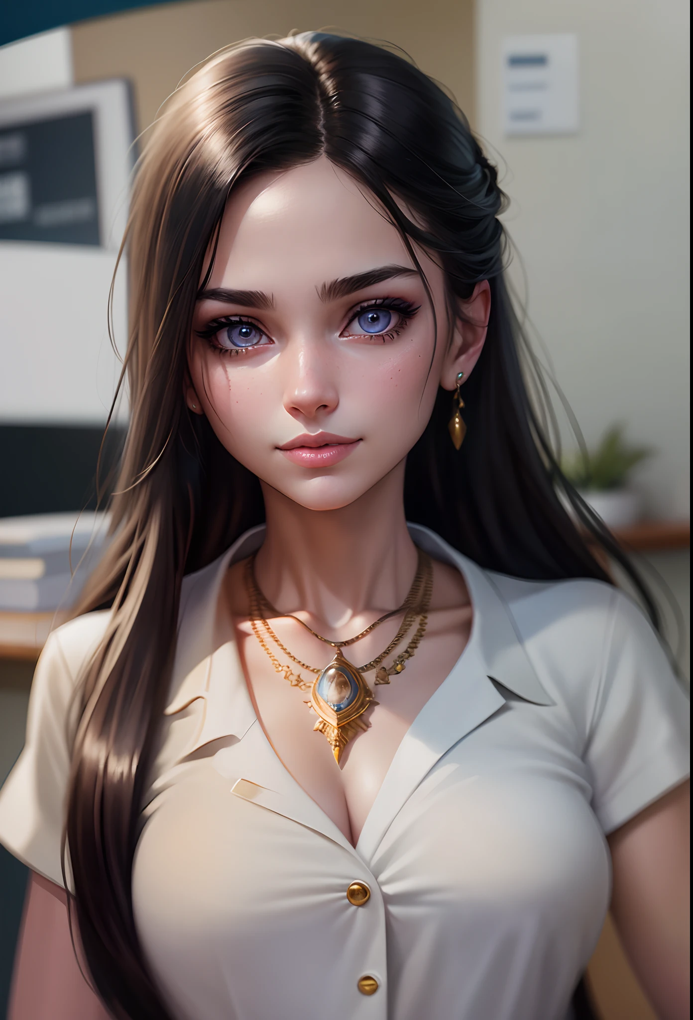 face portrait of 1girl, light long hair, wearing a secretary suit, in an office, (slightly smiling), closeup, (makeup), earring, necklace, detailed eyes, limbal ring,
(masterpiece, best quality, high quality), hyperdetailed, highres, high detail, intricate detail, HDR, 8k wallpaper, sharp focus, detailed background, realistic, photorealistic, perfect hands, realistic eyes, detailed skin texture, (blush:0.5), (goosebumps:0.5), subsurface scattering