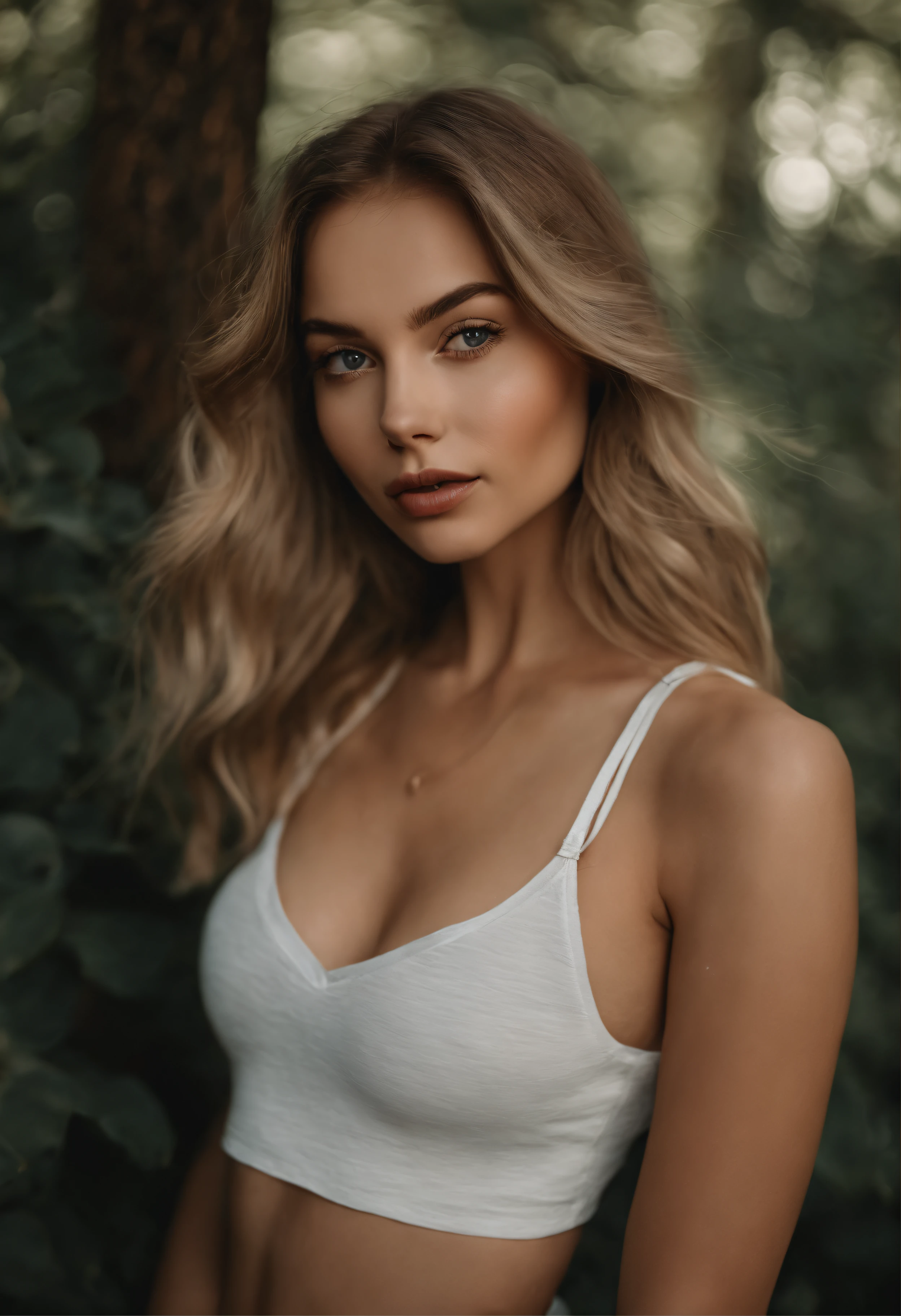 Woman with tank top , fille sexy aux yeux bleus, Portrait Sophie Mudd, Portrait de Corinna Kopf, cheveux blonds et grands yeux, selfie of a young woman, ohne Maquillage, maquillage naturel, Look directly into the camera, Visage avec Artgram, dezentes Maquillage, Superbe photo du corps entier, dans la foret, gros seins, Blonde,