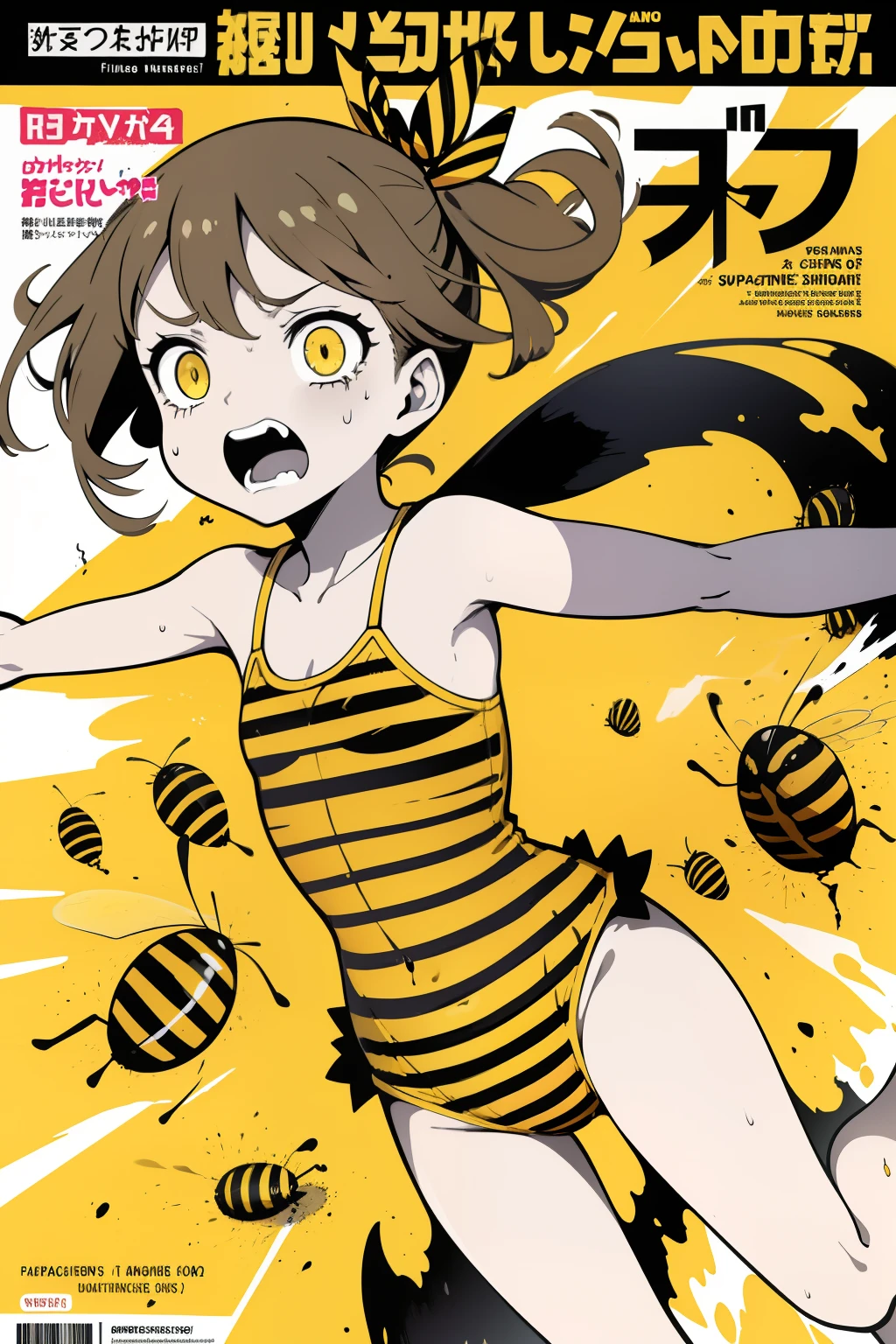 (superflat, flat shading, flat colors:1.1),(magazine cover), (multiple girls), illustrations, loli, petite, yellow black striped swimsuit, (attacked by bees), running away, scare, screaming, emotional, dynamic pose, volumetric lighting, soft light, bright, colorful, watercolor