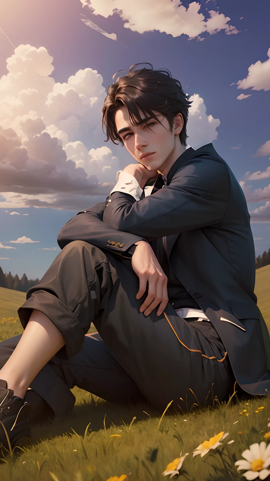 A young guy sitting on meadow, chilling, blue sky, Clouds, Evening vibes, sun shine, Cool guys, handsome, black clothes, Amazing, realistic, Best quality, 8k