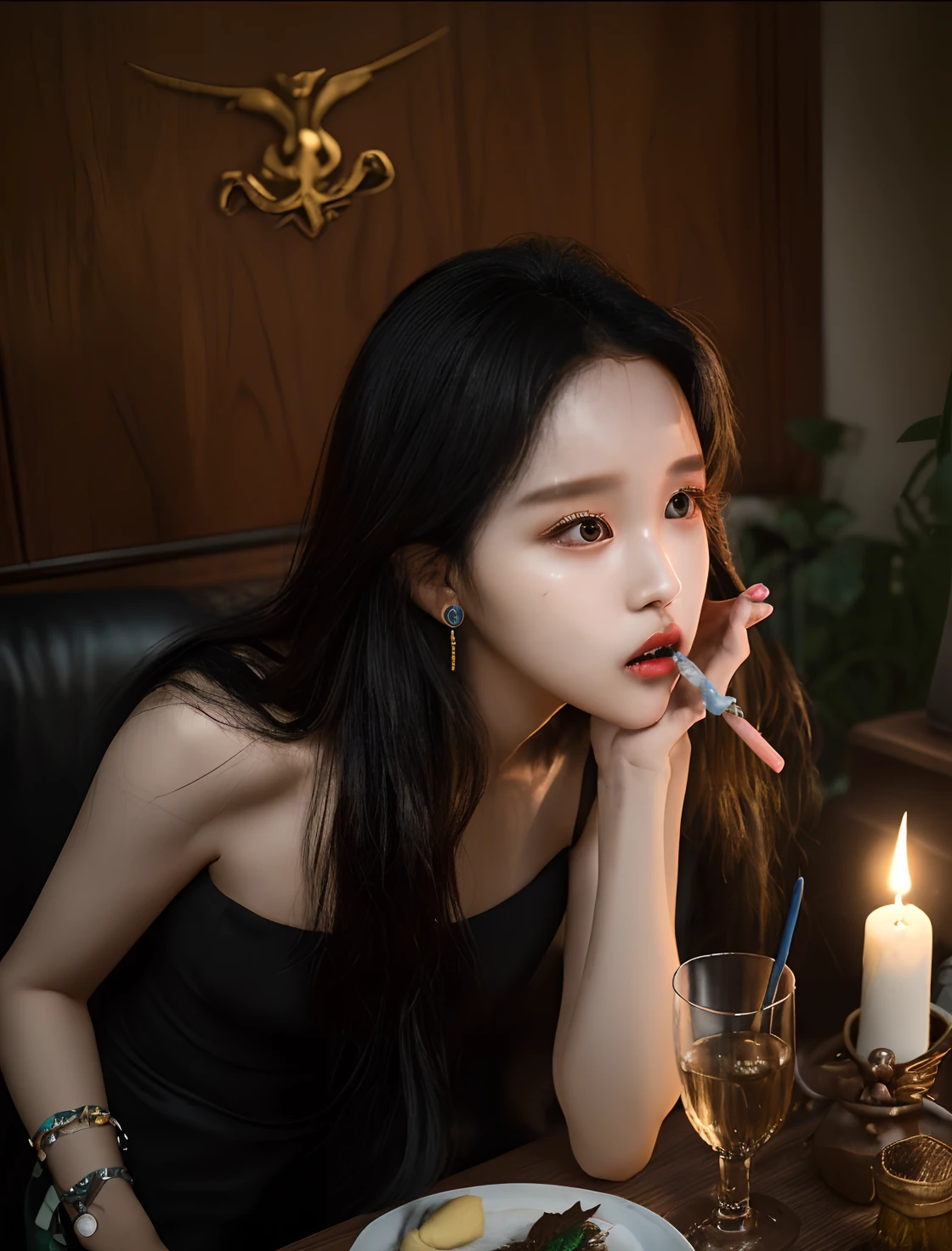 mulher sentada em uma mesa com um prato de comida e uma vela, linda mulher coreana jovem, Mulher sul-coreana bonita, olhar sensual, maquiagem sul-coreana popular, Sha Xi, inspirado em Yanjun Cheng, with very thin lips, Filmado com Canon EOA 6 D Mark II, a young asian woman, maquiagem coreana popular, Taken with Canon EOS 5 D Mark IV Myōi Mina, Mina Myōi, mina of twice