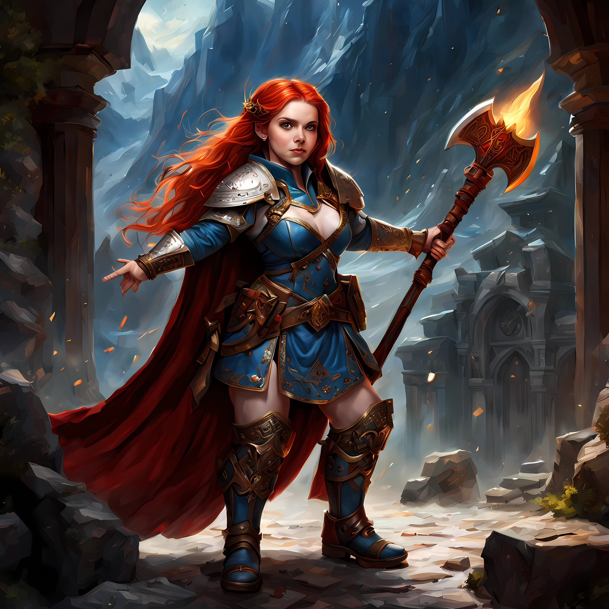 high details, best quality, 8k, [ultra detailed], masterpiece, best quality, (extremely detailed), dynamic angle, ultra wide shot, photorealistic, fantasy art, dnd art, rpg art, realistic art, an ultra wide picture of female dwarf cleric, holding axe with red fire on it , casting a spell, wearing heavy armor, white armor (best details, Masterpiece, best quality: 1.5), blue cloak (intricate details, Masterpiece, best quality), holy symbol,(best details, Masterpiece, best quality: 1.5),  from symbol GlowingRunes_paleblue, beautiful female dwarf, ultra detailed face, ultra feminine, red hair, intense eyes, green eyes, D&D female dwarf (best details, Masterpiece, best quality: 1.5) fantasy temple background, celestial background, ((divine worship atmosphere)), high details, best quality, highres, ultra wide angle