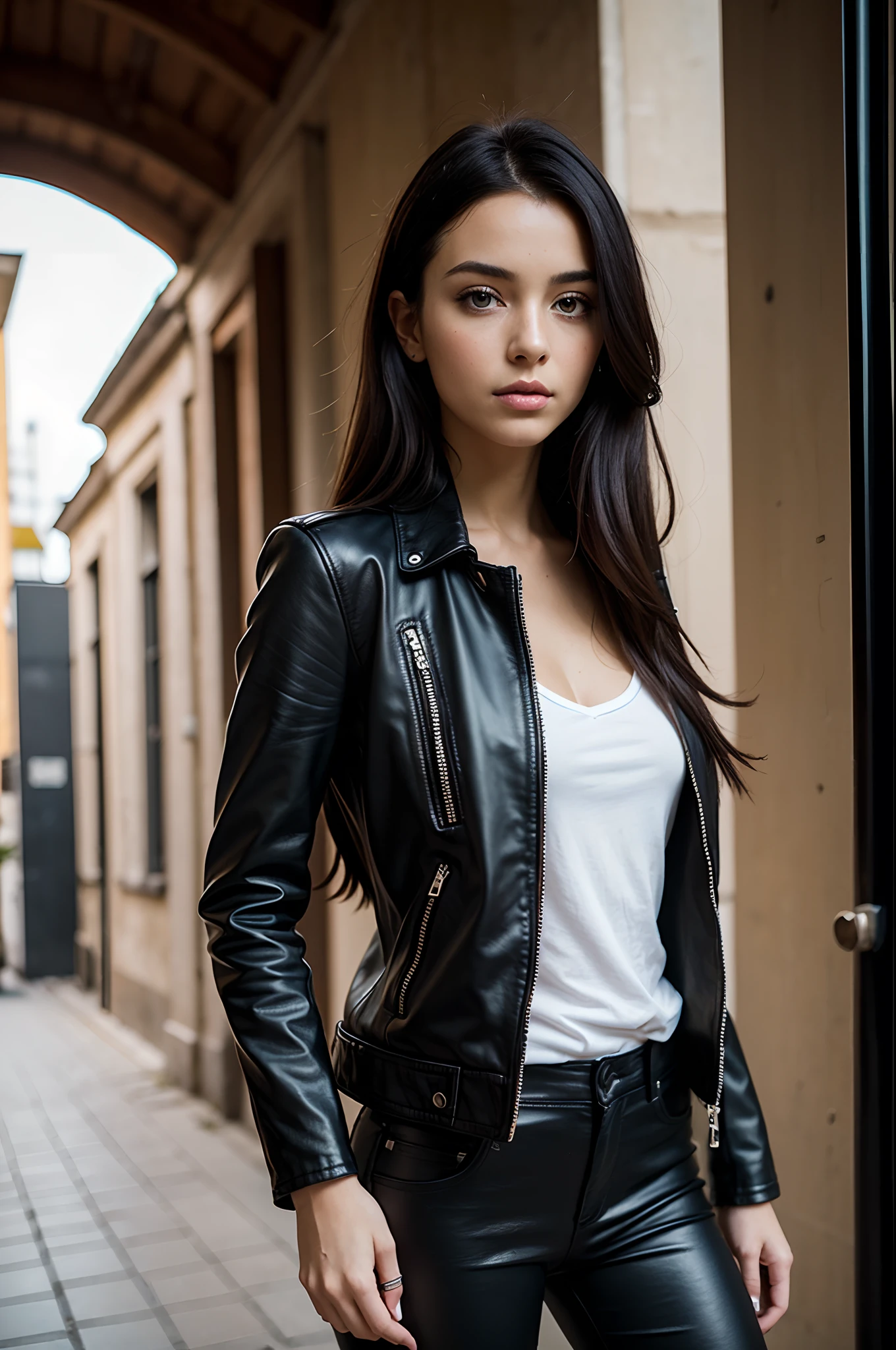 Arafed woman in black leather jacket and white shirt standing in a ...