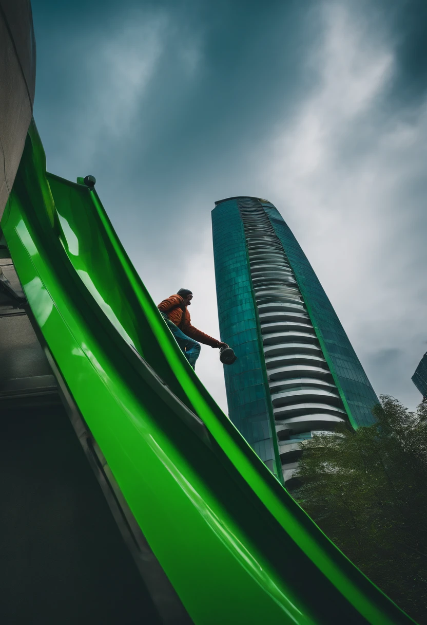 Person going down green toboggan out of a tall building in the city