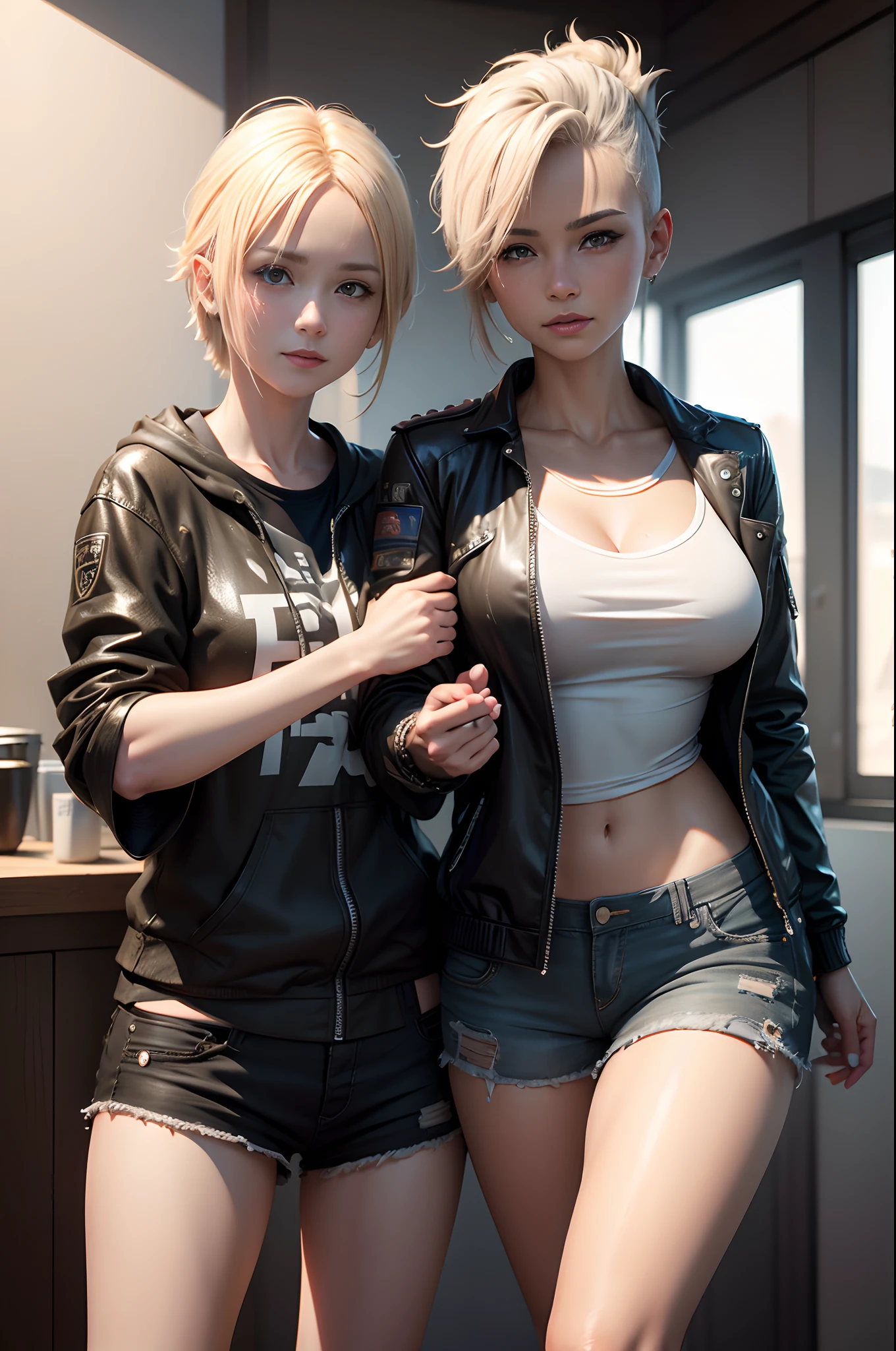 Beautiful mature blonde mohawk american woman、Lettered shirt、Black in shorts、((Slimed、小柄))、Black outerwear　A smile　Photorealsitic、a picture、​masterpiece、reallistic、真实感、photorealisim、High contrast、Photorealistic Art Station Trend Digital Art 8k HD High Resolution Explanation Real, detaileds, Skin Texture, ultra-detailliert, realistic skin textures, armature, top-quality, 超A high resolution, (Photorealsitic:1.4),, hight resolution, detaileds, Raw foto, Sharp Re, Nikon D850 Film Stock Photo by Lee Jefferies 4 Kodak Portra 400 Camera F1.6 lenses rich colors hyper realistic lifelike textures dramatic lighting unreal engine artstation trends synestil 800,