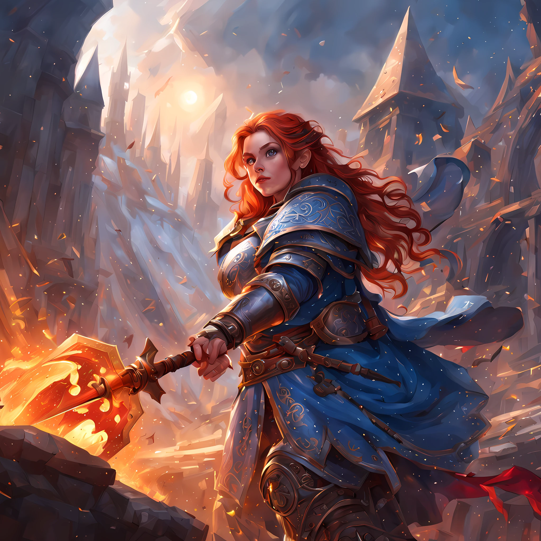 high details, best quality, 8k, [ultra detailed], masterpiece, best quality, (extremely detailed), dynamic angle, ultra wide shot, photorealistic, fantasy art, dnd art, rpg art, realistic art, an ultra wide picture of female dwarf cleric, holding axe with red fire on it , casting a spell, wearing heavy armor, white armor (best details, Masterpiece, best quality: 1.5), blue cloak (intricate details, Masterpiece, best quality), holy symbol,(best details, Masterpiece, best quality: 1.5),  from symbol GlowingRunes_paleblue, beautiful female dwarf, ultra detailed face, ultra feminine, red hair, intense eyes, green eyes, D&D female dwarf (best details, Masterpiece, best quality: 1.5) fantasy temple background, celestial background, ((divine worship atmosphere)), high details, best quality, highres, ultra wide angle