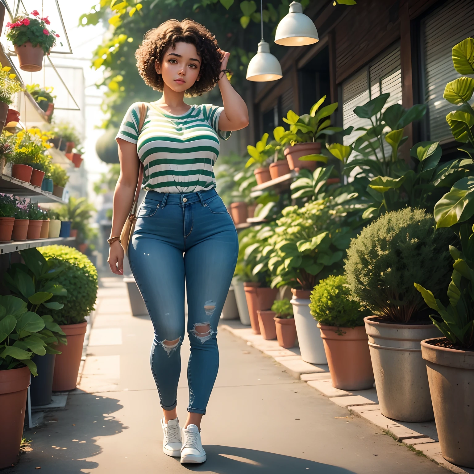 Best Quality, in full height, A  girl, Curvy shapes, Short curly hair, striped shirt, Wide jeans, white sneakers, Around the plant, Floristics, Green Lighting