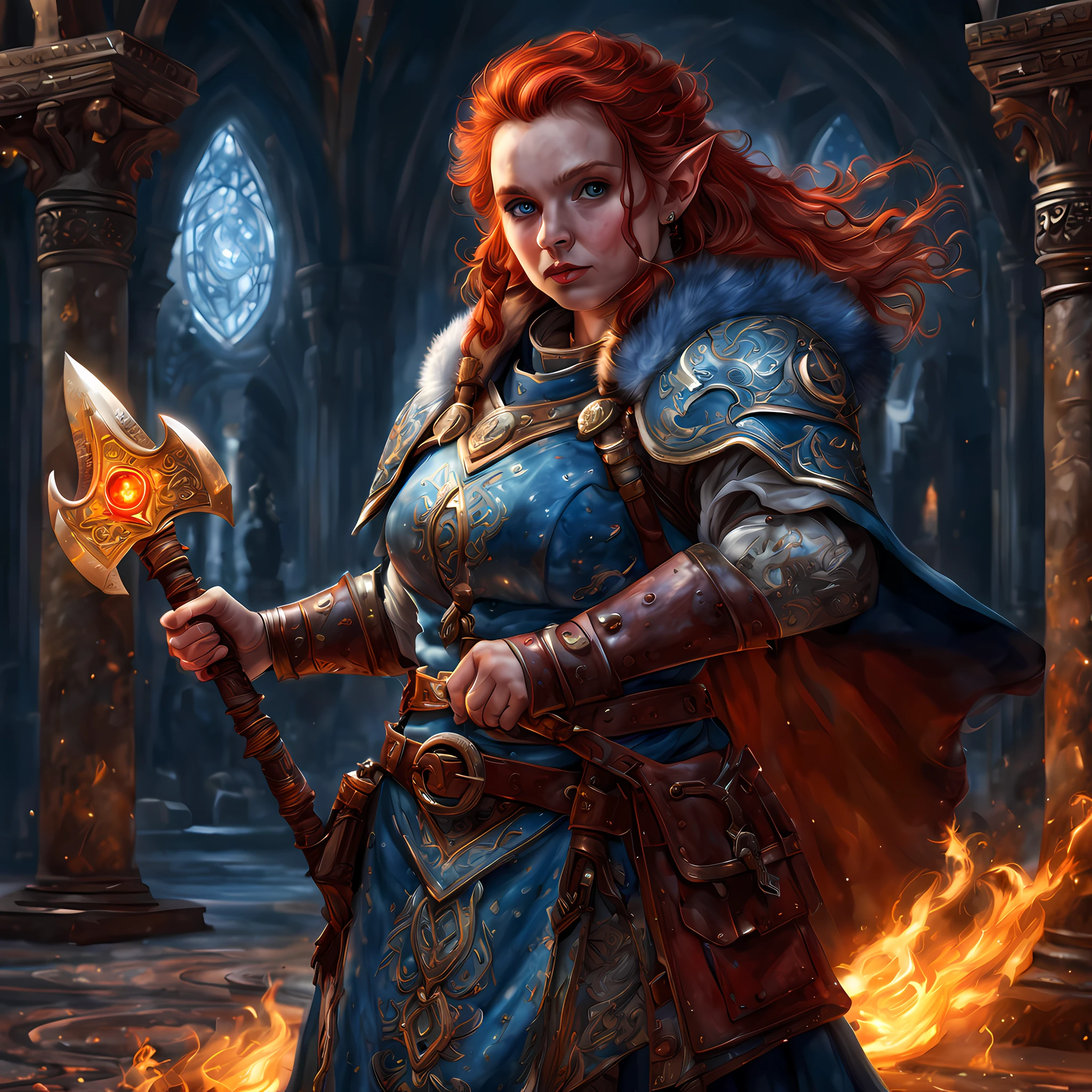 high details, best quality, 8k, [ultra detailed], masterpiece, best quality, (extremely detailed), dynamic angle, ultra wide shot, photorealistic, fantasy art, dnd art, rpg art, realistic art, an ultra wide picture of female dwarf cleric, holding axe with red fire on it , casting a spell, wearing heavy armor, white armor (best details, Masterpiece, best quality: 1.5), blue cloak (intricate details, Masterpiece, best quality), holy symbol,(best details, Masterpiece, best quality: 1.5),  from symbol GlowingRunes_paleblue, beautiful female dwarf, ultra detailed face, ultra feminine, red hair, intense eyes, green eyes, D&D female dwarf (best details, Masterpiece, best quality: 1.5) fantasy temple background, celestial background, ((divine worship atmosphere)), high details, best quality, highres, ultra wide angle