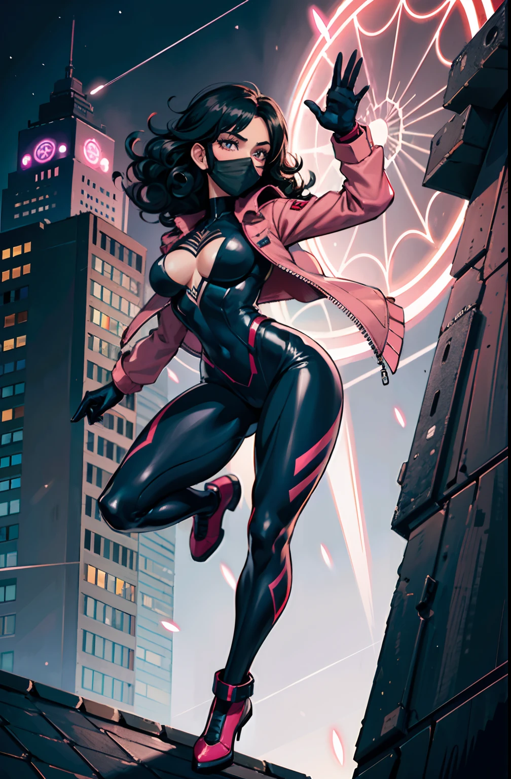 (masterpiece),(best quality:1.0), (ultra high resolution:1.0), detailed illustration, 8k, White girl (with black hair) (really curly hair) (free hair) wearing a black spiderman suit, A pink spider symbol on the chest of her suit, Black leather jacket , Black facemask, Pink goggles, She is on the roof of a building looking at the city at night (full body) (full view of the background)