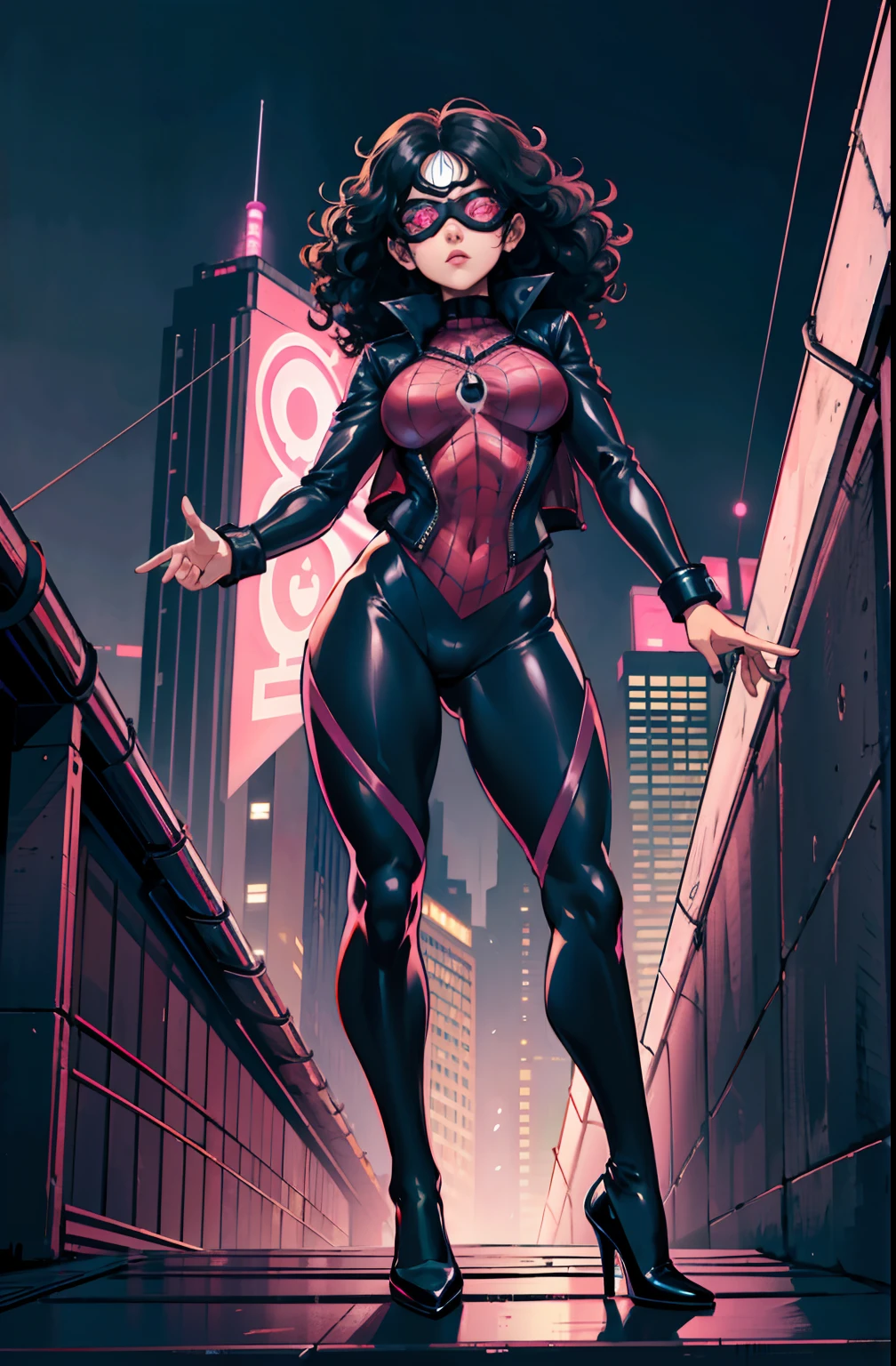 (masterpiece),(best quality:1.0), (ultra high resolution:1.0), detailed illustration, 8k, White girl (with black hair) (really curly hair) (free hair) wearing a black spiderman suit, A pink spider symbol on the chest of her suit, Black leather jacket , Black facemask, Pink goggles, She is on the roof of a building looking at the city at night (full body) (full view of the background)