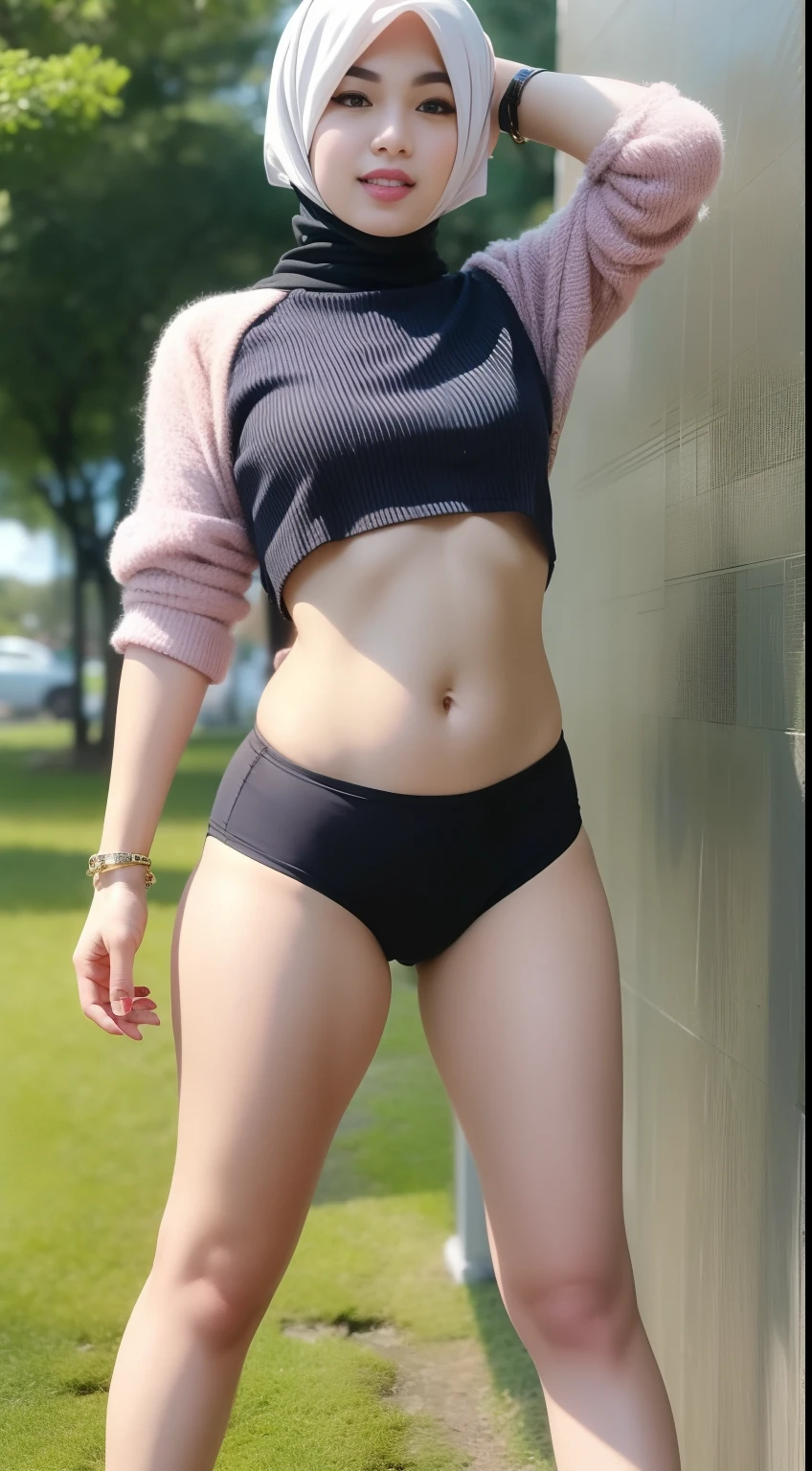 Capture the simplicity of a casual park stroll with the Malay girl wearing comfortable yet chic park attire, short white pixie haircut, wide hips, small abs, thick thighs, small waist, medium breast, with a focus on her petite body and the natural beauty of the park surroundings