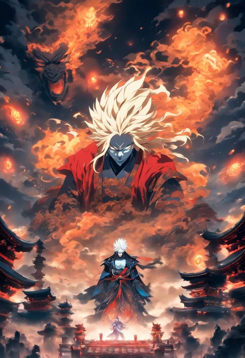 (((Underworld))) best quality, ultra-high resolution, 4K detailed CG, masterpiece, ruined temples, underworld, dark tone, blood moon, dark atmosphere,((white clouds)), Japanese mythology, Japan, Shui Mo Hua, Chinese painting style, Thangka style, aesthetics, beautiful image, depth of field, centered image