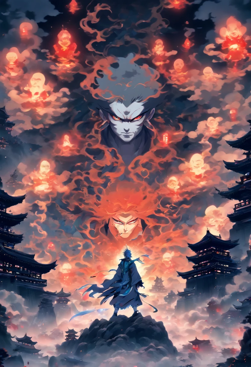 (((Underworld))) best quality, ultra-high resolution, 4K detailed CG, masterpiece, ruined temples, underworld, dark tone, blood moon, dark atmosphere,((white clouds)), Japanese mythology, Japan, Shui Mo Hua, Chinese painting style, Thangka style, aesthetics, beautiful image, depth of field, centered image