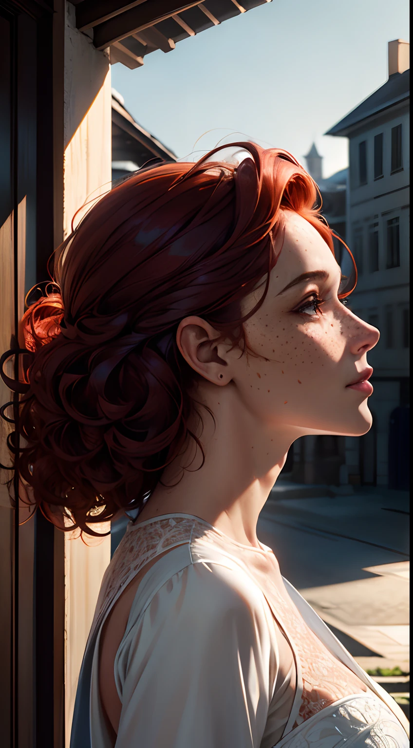 (Detailed face features:1.3), (((1mature woman))), standing wearing a long dress, (three-quarter posture, close-up perfil photo, face picture), (3/4 posture, side left view:1.5), dynamic pose, face photo, 16k, masterpiece, best quality: 1.2), (high detailed skin), (curly red hair), ((freckles, delailed brown eyes, detailed lips)), slim, automatic white balance, (ultra realism, hyper detailed and intricate realism: 1.3), (wide depth of field, radiant mapping: 1.2), High dynamic range, vivid, rich details, clear shadows and highlights, realistic, intense, enhanced contrast, clear outdoor,