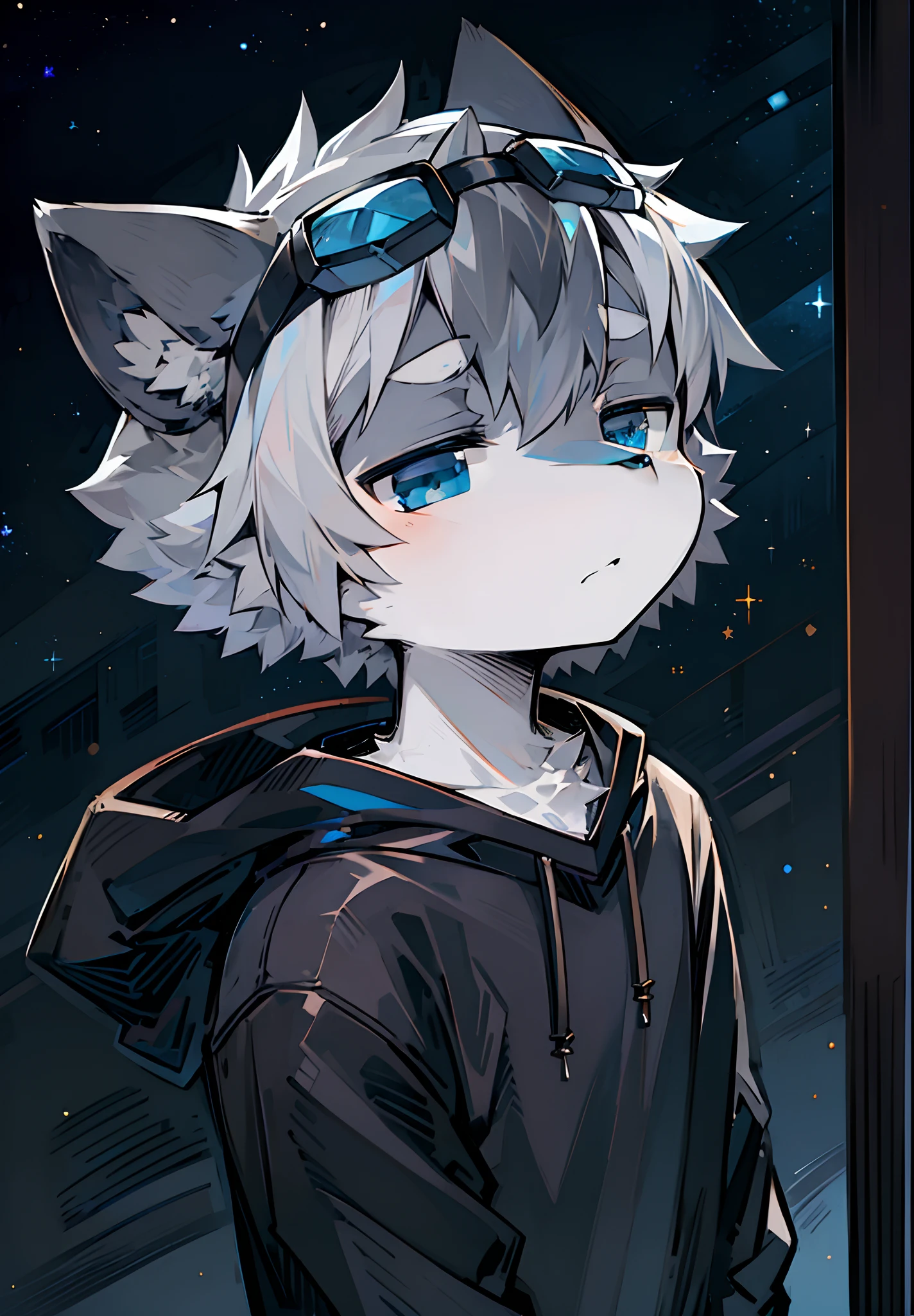 Beast too,Light gray hair,sideface,head portrait,Dark blue-gray fur,Deep black blue eyes,Melancholy Look,Grey design sweatshirt,Background of dark starry sky,big headed,fica sozinha,Shota,The bangs are dyed dark black gray,Black ears,