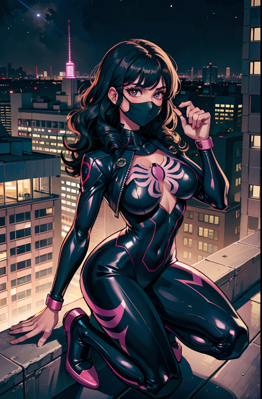 (masterpiece),(best quality:1.0), (ultra high resolution:1.0), detailed illustration, 8k, White girl (with black hair) (really curly hair) (free hair) wearing a black spiderman suit, A pink spider symbol on the chest of her suit, Black leather jacket , Black facemask, Pink goggles, She is on the roof of a building looking at the city at night (full body) (full view of the background)