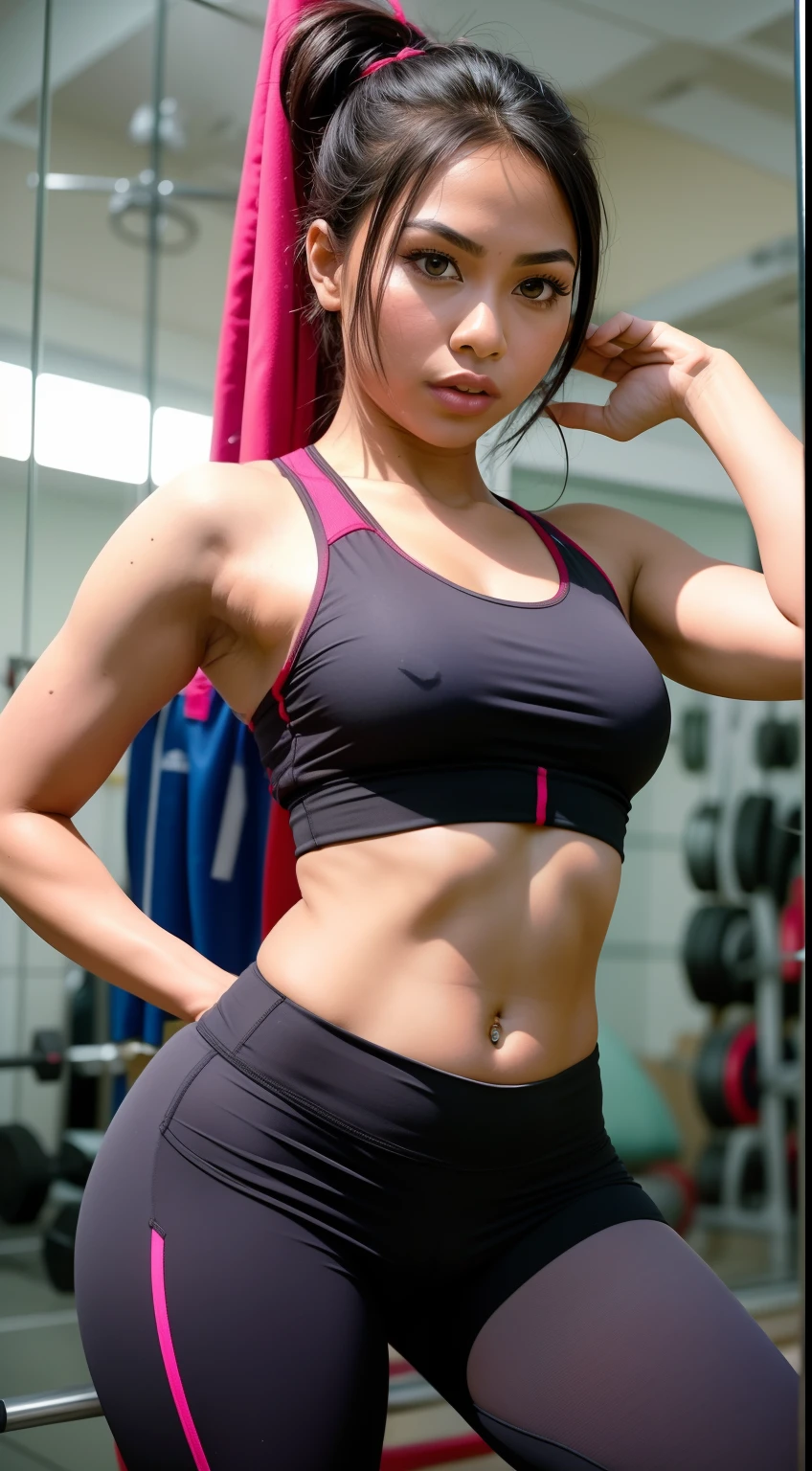 Illustrate the dedication of the Malay girl as she wears sleek activewear for her daily workout routine, emphasizing her petite physique, with the focus on her determination and athletic attire