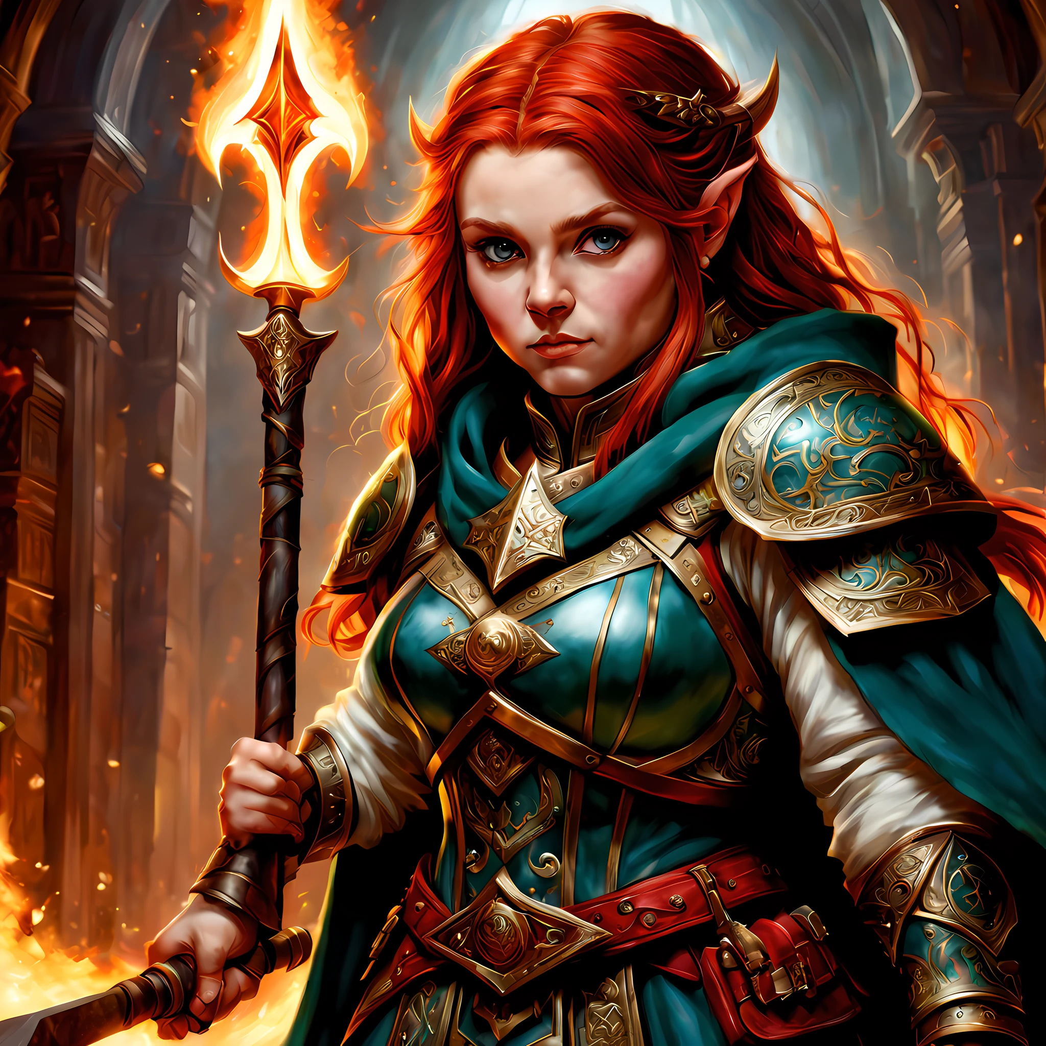 high details, best quality, 8k, [ultra detailed], masterpiece, best quality, (extremely detailed), dynamic angle, ultra wide shot, photorealistic, fantasy art, dnd art, rpg art, realistic art, an ultra wide picture of female dwarf cleric, holding axe with red fire on it , casting a spell, wearing heavy armor, white armor (best details, Masterpiece, best quality: 1.5), blue cloak (intricate details, Masterpiece, best quality), holy symbol,(best details, Masterpiece, best quality: 1.5),  from symbol GlowingRunes_paleblue, beautiful female dwarf, ultra detailed face, ultra feminine, red hair, intense eyes, green eyes, D&D female dwarf (best details, Masterpiece, best quality: 1.5) fantasy temple background, celestial background, ((divine worship atmosphere)), high details, best quality, highres, ultra wide angle