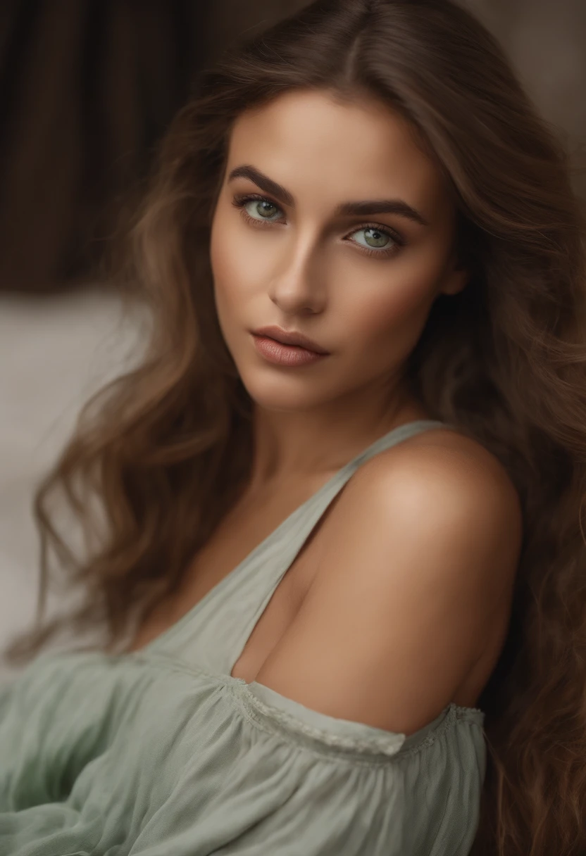 Arafed woman completely , fille  aux yeux vert, ultra realist, Meticulously detailed,  cheveux brun et yeux vert , selfie of a young woman , sans maquillage, maquillage naturel, looking straight at camera, Visage avec Artgram, Maquillage subtil, Great photo of the whole body kneeling on the bed, dans la chambre, Bust of medium size to large mixed breed