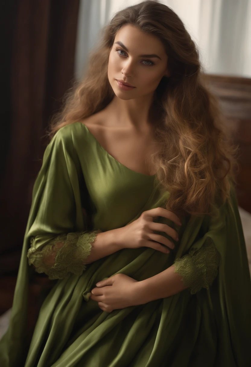 Arafed woman completely , fille  aux yeux vert, ultra realist, Meticulously detailed,  cheveux brun et yeux vert , selfie of a young woman , sans maquillage, maquillage naturel, looking straight at camera, Visage avec Artgram, Maquillage subtil, Great photo of the whole body kneeling on the bed, dans la chambre, Bust of medium size to large mixed breed