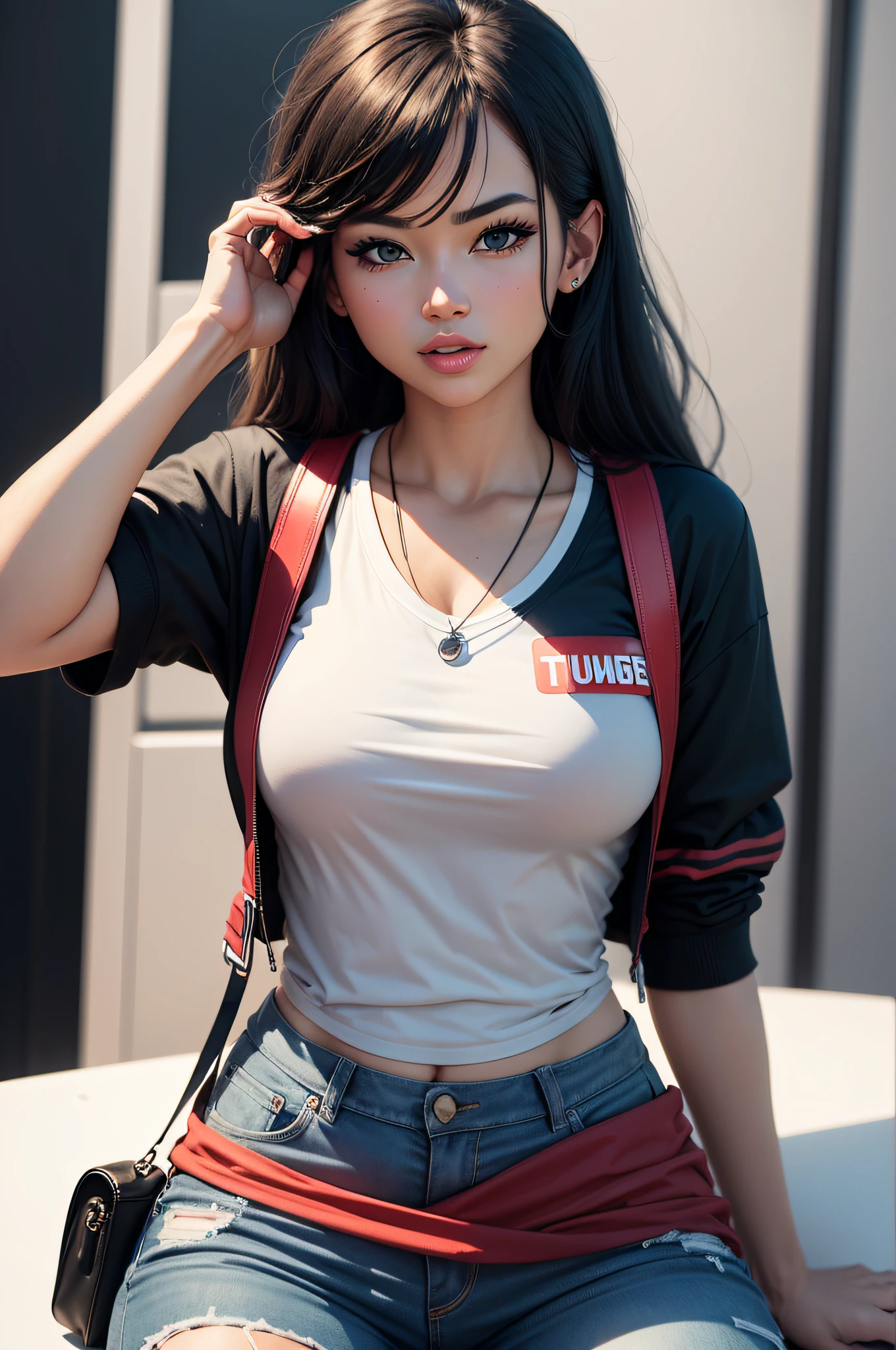 sfw, solo female, black hair, red eyes, ponytail, red shirt, black jacket, fur, jean shorts, navel, evil smile, thighs, short skirt, wearing bra,((skinny waist)), young asian girl, ((big breasted)),