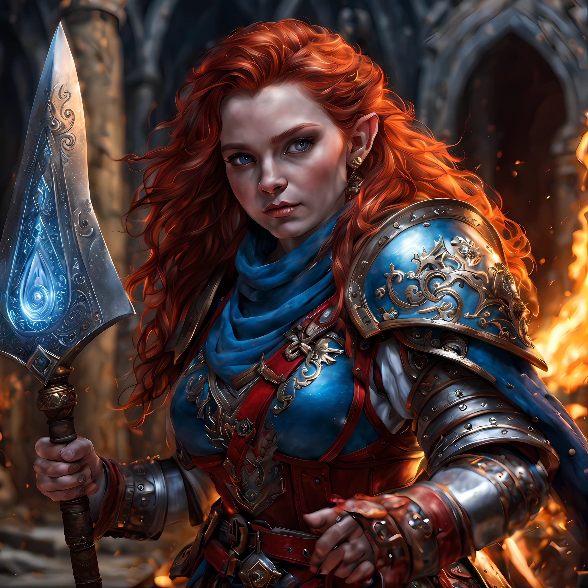 high details, best quality, 8k, [ultra detailed], masterpiece, best quality, (extremely detailed), dynamic angle, ultra wide shot, photorealistic, fantasy art, dnd art, rpg art, realistic art, an ultra wide picture of female dwarf cleric, holding axe with red fire on it , casting a spell, wearing heavy armor, white armor (best details, Masterpiece, best quality: 1.5), blue cloak (intricate details, Masterpiece, best quality), holy symbol,(best details, Masterpiece, best quality: 1.5),  from symbol GlowingRunes_paleblue, beautiful female dwarf, ultra detailed face, ultra feminine, red hair, intense eyes, green eyes, D&D female dwarf (best details, Masterpiece, best quality: 1.5) fantasy temple background, celestial background, ((divine worship atmosphere)), high details, best quality, highres, ultra wide angle