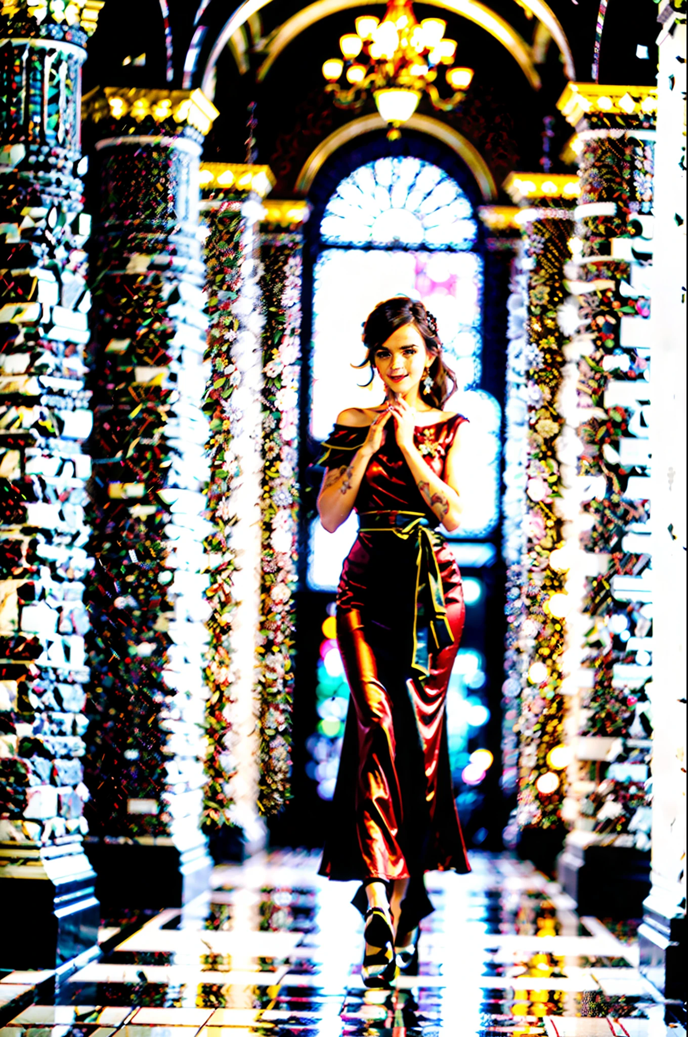In the majestic scene of Kremlin's historic halls, the renowned actress Emma Watson is found gracing the grandeur::10. Clad in a breath-taking, floor-length ruby red crimson gown, embossed with delicate gold embroideries that mirror the Byzantine mosaics of the ancient halls::8. A silky sash cascades from her shoulder, creating a waterfall of shimmering satin against the dress' stately silhouette::7. Her smile is soft, carrying a hint of mystery, as her clear, hazel eyes survey the grandeur before her::10. The archaic walls echo stories of history, illuminated by the grand chandeliers casting a warm glow across the intricate patterns of the floor::6. The aura is one of reserved opulence; the blend of rich history and contemporary elegance. There's a slight sentimentality in the air, as the Kremlin, a symbol of Russia's past, provides backdrop to an icon of today::8. We feel as though we're witnessing a dialogue between epochs unraveled through the lens of our camera, the Leica S3 Medium Format DSLR with its 64MP sensor, aimed strategically at Emma, capturing the expansiveness of the scene::8. The aperture is set at f/2, providing a shallow depth of field, throwing the focus on the actress amidst the grandiosity::10. The Kremlin is lit in Rembrandt Lighting, a subtle 45-degree angle that highlights the etchings on the wall and brings out Emma's facial features, the mood is dramatic yet subtly soft::9. Emma's style is unmistakably sophisticated, exemplary of her innate grace, reinforcing her reputation as a global style icon. The scene emanates a rich contrast of refined English beauty and Russian grandeur::8