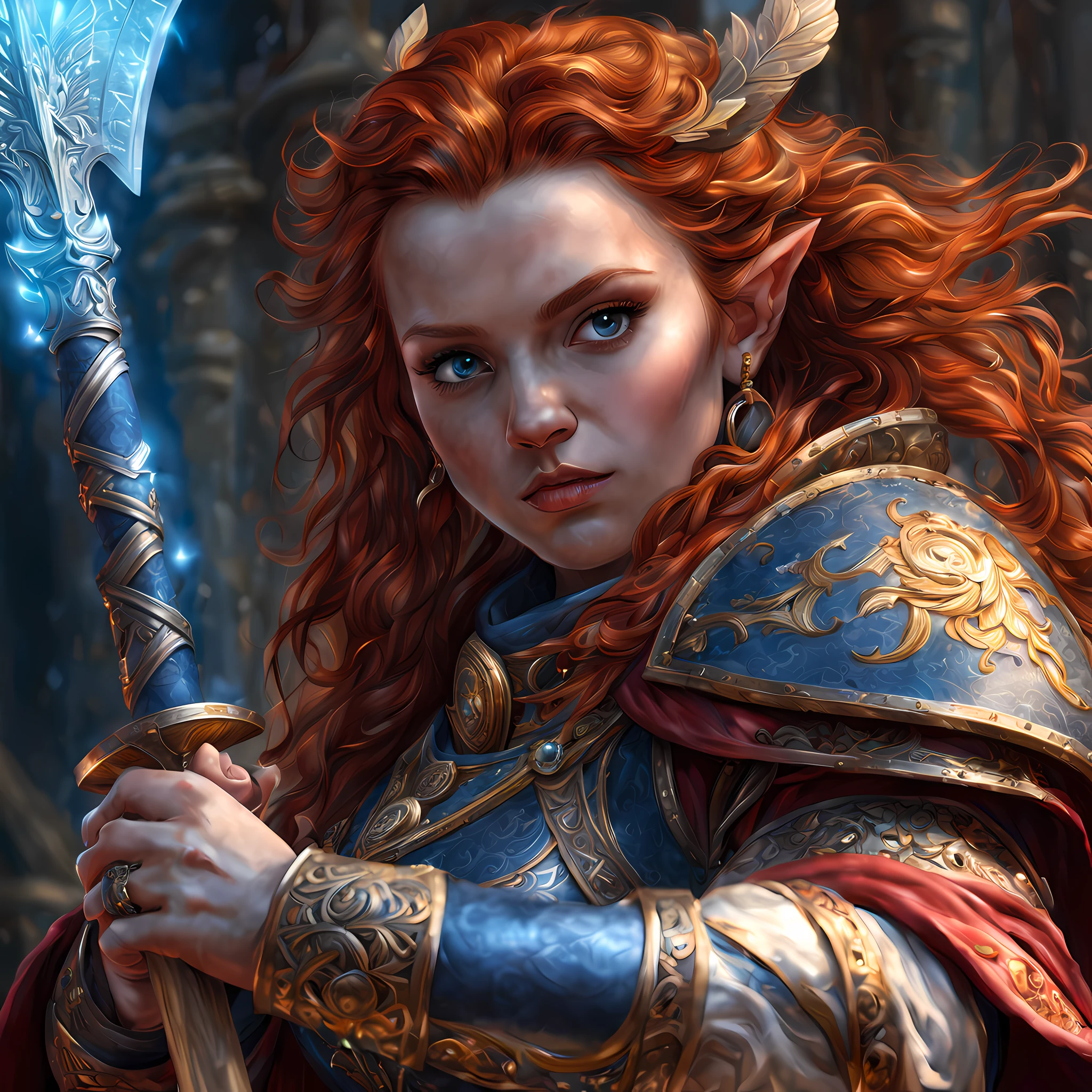 high details, best quality, 8k, [ultra detailed], masterpiece, best quality, (extremely detailed), dynamic angle, ultra wide shot, photorealistic, fantasy art, dnd art, rpg art, realistic art, an ultra wide picture of female dwarf cleric, holding axe with red fire on it , casting a spell, wearing heavy armor, white armor (best details, Masterpiece, best quality: 1.5), blue cloak (intricate details, Masterpiece, best quality), holy symbol,(best details, Masterpiece, best quality: 1.5),  from symbol GlowingRunes_paleblue, beautiful female dwarf, ultra detailed face, ultra feminine, red hair, intense eyes, green eyes, D&D female dwarf (best details, Masterpiece, best quality: 1.5) fantasy temple background, celestial background, ((divine worship atmosphere)), high details, best quality, highres, ultra wide angle