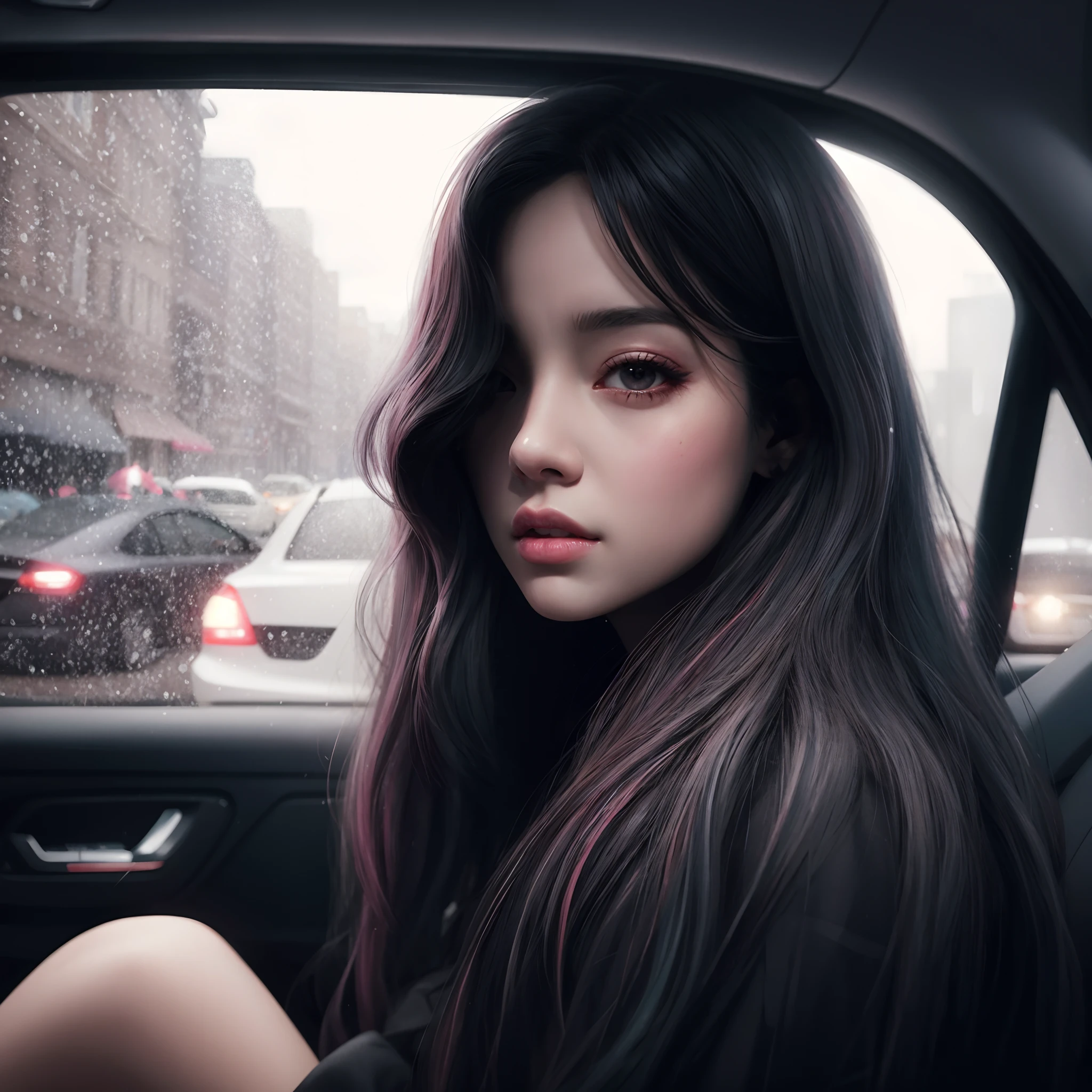 um close up de uma mulher sentada em um carro na chuva, Arte no estilo de Guweiz, estilo de arte realista, estilo de arte realista, Guweiz, Arte digital realista 4K, Arte digital realista 4K, estilo de arte fotorrealista, 8 k arte digital realista, Retrato Jisoo Blackpink, estilo anime. 8k, Estilo anime 3D realista