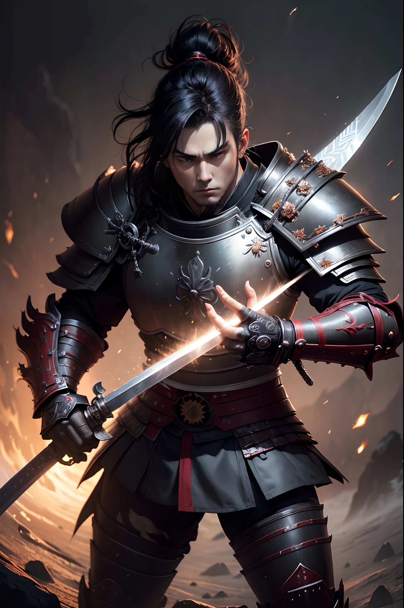 18-year-old boy in 8K resolution(full body Esbian:1.3)shots、splashart、a handsome(Jaws like the real thing)Great cartoon style、Photorealistic 18-year-old boy's Japan samurai exterior、Anatomical Photorealistic Digital Painting(shoun:1.3)Portrait of an 18-year-old boy(samurais:1.3)Black Japan Samurai Armor Complex(heavily armored:1.3)A dark-haired(Dark and moody universe:1.3)、Black clothe,light particules、highlydetailed skin、Demon Slayer、extremely detailed eye、 (Elden Ring-style:1.1)、(warhammer style:1.3)、Concept Artist、globalillumination、depth of fields、splashart、art by:ArtGerm、by Greg Rutkowsky、viktoria gavrilenko,Has a very large sword,With a large Japan sword in hand,japanese samurai,
