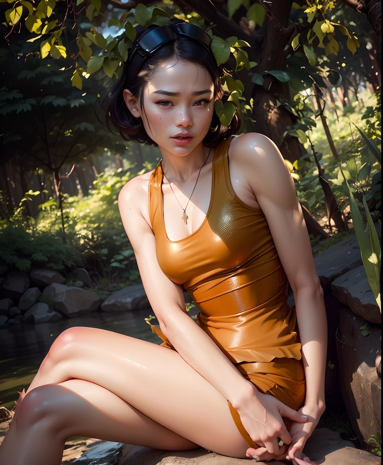 1 girl, sunny, forest, cheongsam, very short hair, close up, 1girl, lots of freckles, (((extremely beautiful portrait))), ((glistening skin)), RAW photo, ((masterpiece, best quality, hyper detailed, Cinematic light, intricate details, highres, 8k, extremely detailed)), detailed background, 8k uhd, dslr, soft lighting, high quality, film grain, Fujifilm XT3, shallow depth of field, natural light, latex, nice boobs