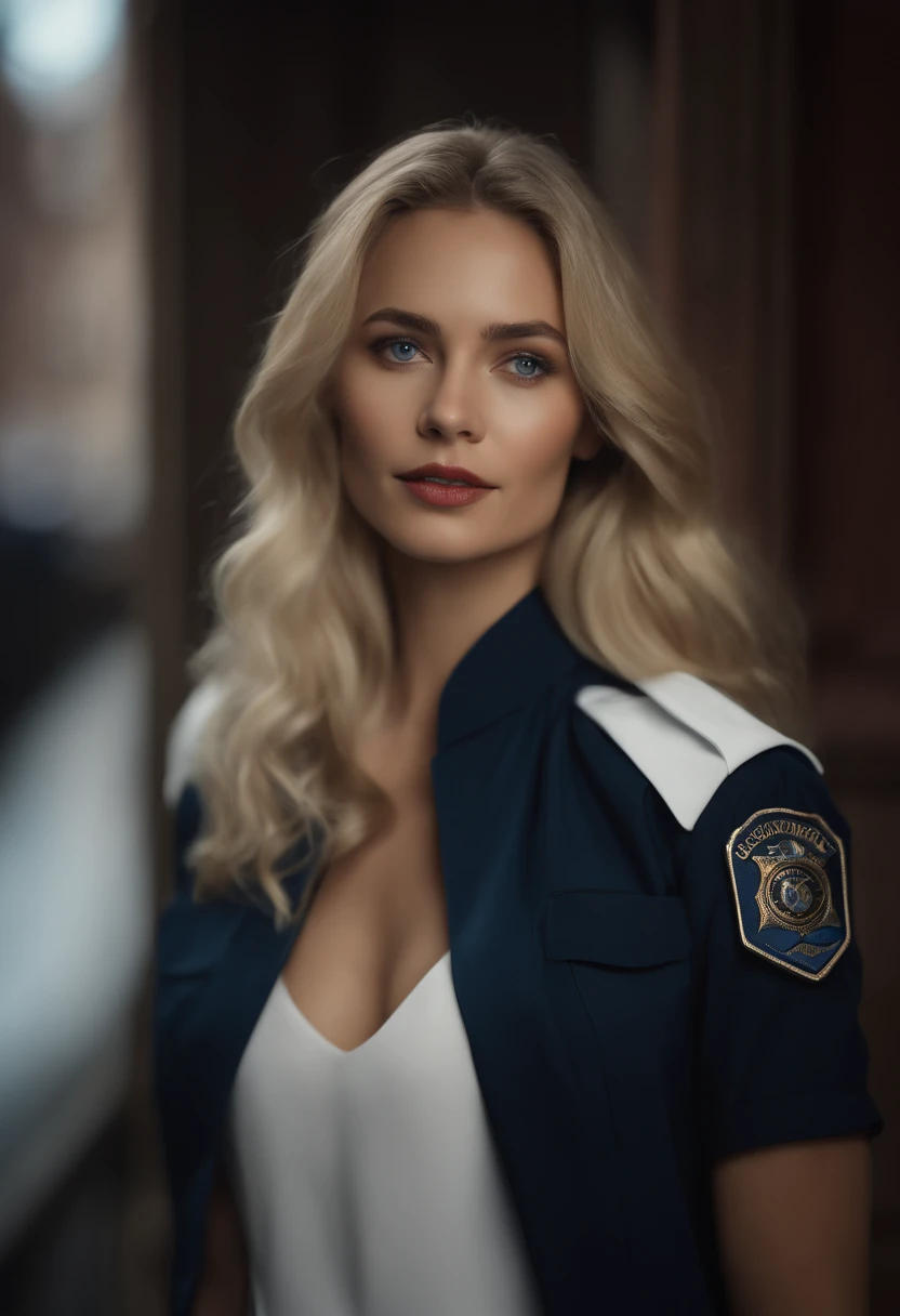 ((masterpiece)), ((best quality)), ((highres)), ((detailed background)), ((extremely detailed CG unity 8k wallpaper)), solo, shiona, blonde hair, long hair, blue eyes, hair tuft, ispettore di polizia shot, ((