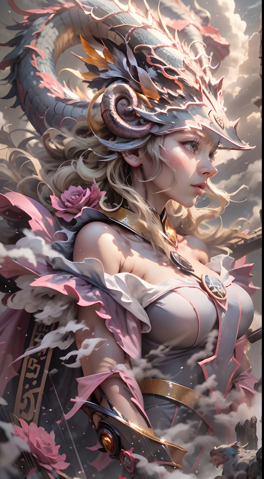 The Chinese White Divine Dragon rose into the air,(The Dark Wizard manipulates the dragon:1.3),(La chica maga oscura se pone de pie:1.3),pose de batalla. Lanzando echizos 1.4 Las nubes del cielo rodean los alrededores,magia de luz,fantastic background,Significado de fondo,Ridiculous background,There are artistic overlays,cabello rubio, surrealismo, cinematic lighting, Trazado de rayos, Luz de Dios, Speed Line, view angle, hiper HD, obra maestra, La mejor calidad, Super detail, A high resolution, alta calidad,(vista lejana:1.3)