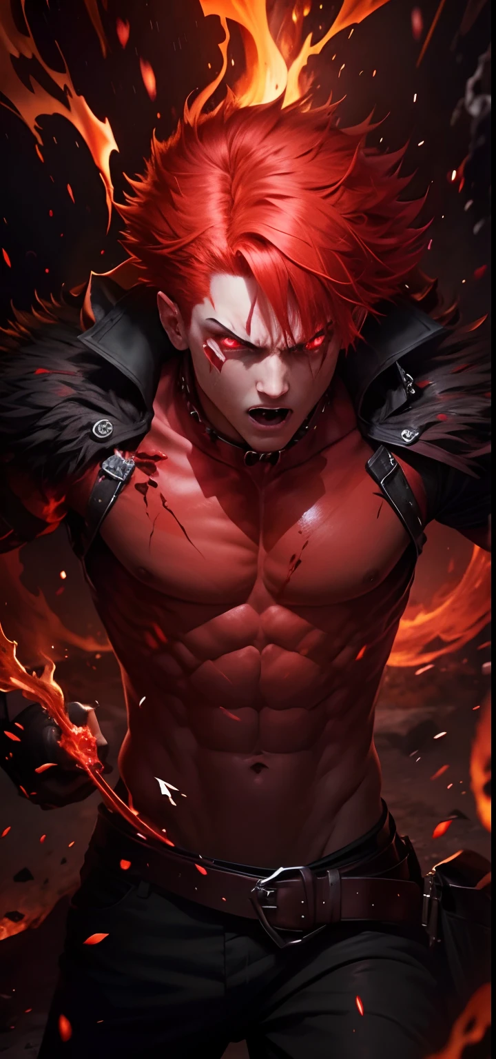 A boy with red hair, Red eyes, bloodlust eyes, Angry face, grinding, Fire effects, Sharp gaze, Flaming effects, Sparkle effects, Amazing, best quality, Dark vibes, Realistic, extremely detailed, 8k resolution