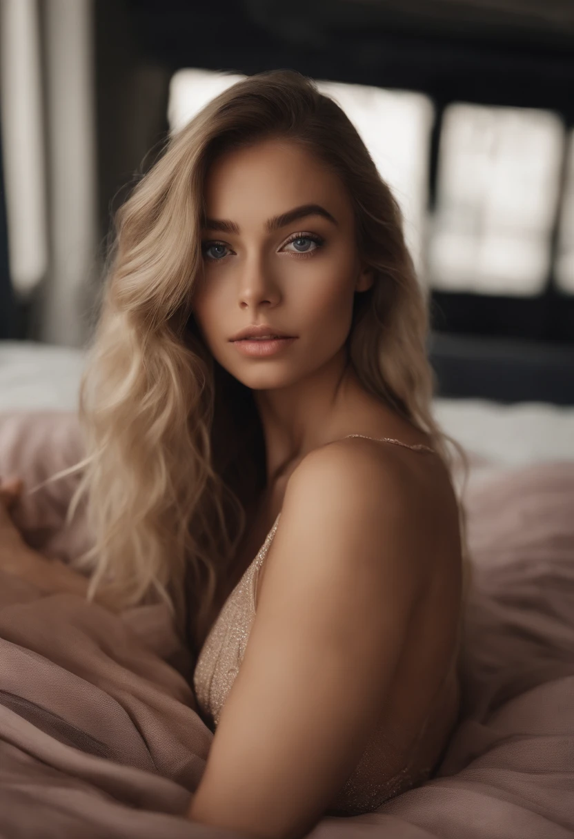 arafed woman fully , sexy girl with blue eyes, ultra realistic, meticulously detailed, portrait sophie mudd, blonde hair and large eyes, selfie of a young woman, bedroom eyes, violet myers, without makeup, natural makeup, looking directly at the camera, face with artgram, subtle makeup, stunning full body shot kneeling on bed, in bedroom, medium to large size bust