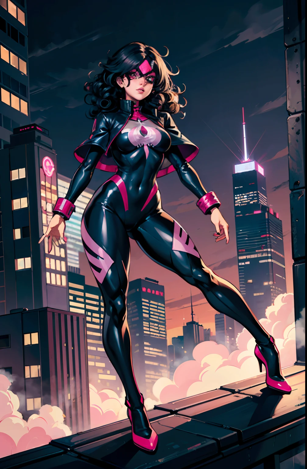 (masterpiece),(best quality:1.0), (ultra high resolution:1.0), detailed illustration, 8k, White girl (with black hair) (really curly hair) (free hair) wearing a black spiderman suit, A pink spider symbol on the chest of her suit, Black leather jacket , Black facemask, Pink goggles, She is on the roof of a building looking at the city at night (full body) (full view of the background)