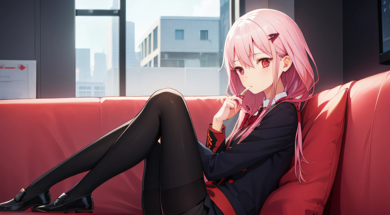 No one eats grapefruit, hair between eye, hair adornments, hair pin, Long hair, Low Twin Tails, Pink hair, (Red eyes:1.2), side locks, double tails，Black school uniform，Black tights，urban backdrop，sitting in the couch，gentleness