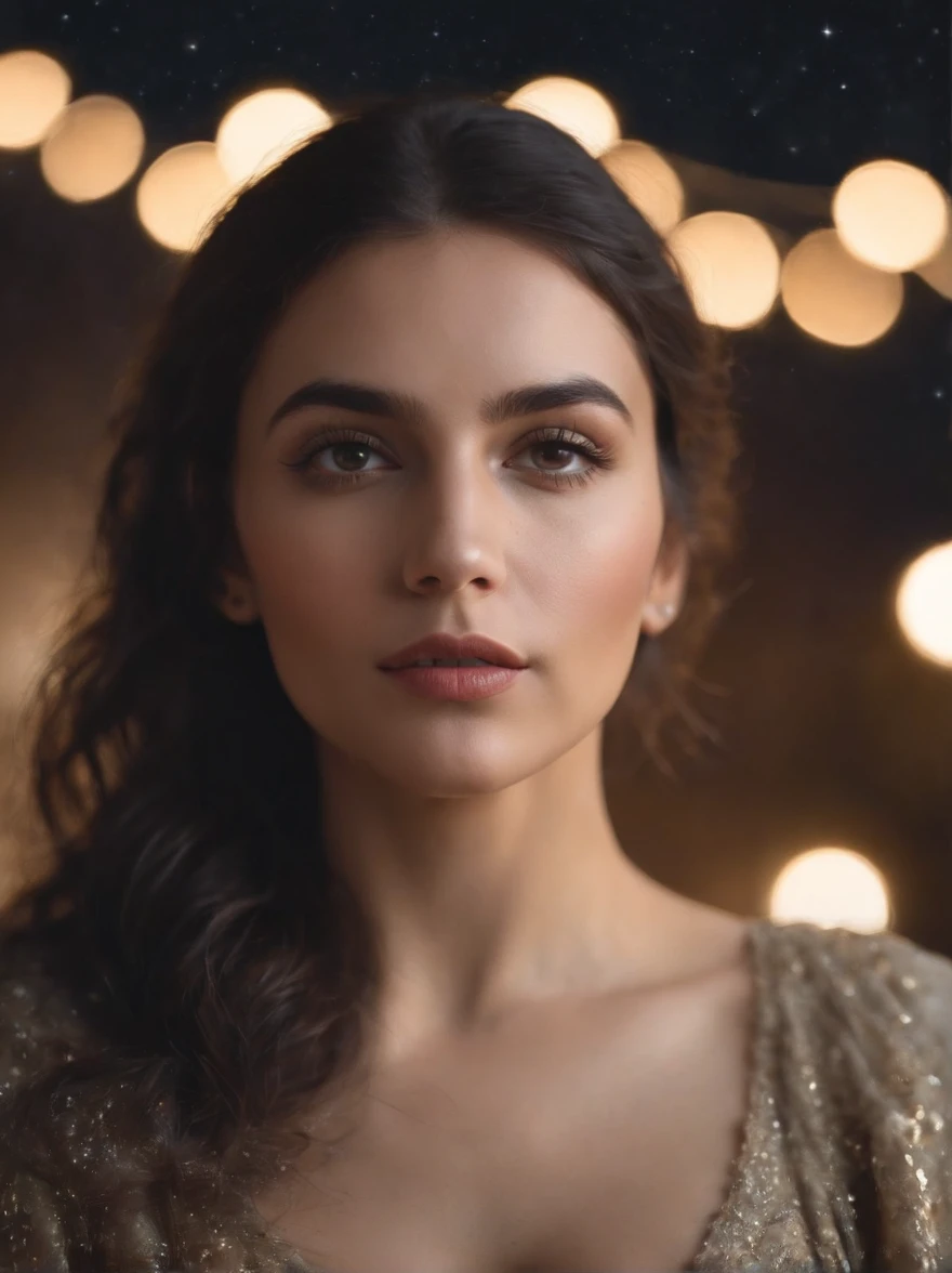 image of a gypsy who predicts the future, extremely realistic, with a background of stars, the photo must be from the front, she must be looking directly at the camera, taken with a professional camera, with a 150 mm lens